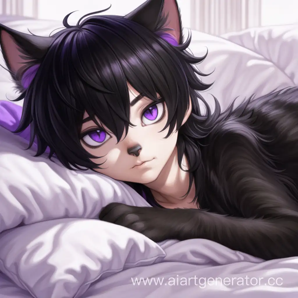 Feminine-Cat-Boy-Resting-on-White-Bed-with-Black-Hair-and-Violet-Eyes