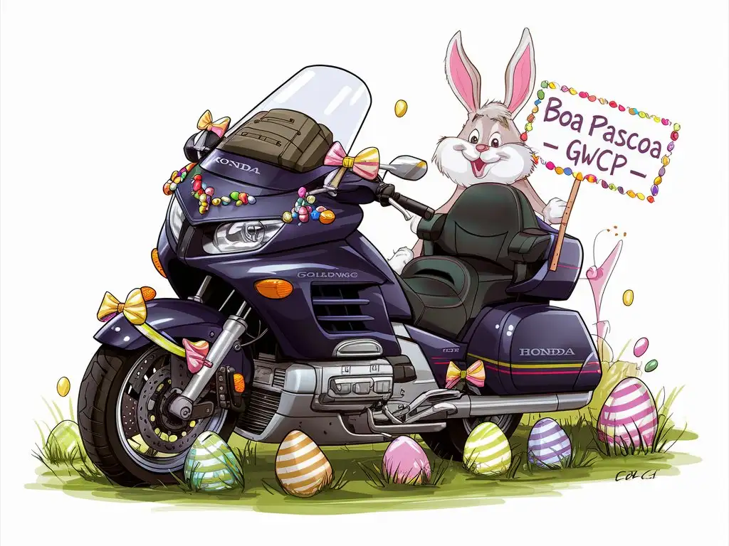 photo with a Honda Goldwing DCT motorcycle, Easter eggs and Easter bunny. Phrase on top "Happy Easter - GWCP"