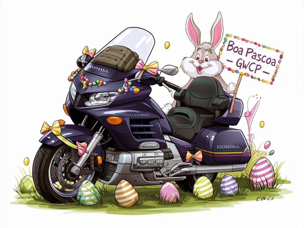 photo with a honda goldwing dct motorcycle, easter eggs and easter bunny. Frase em cima "Boa Páscoa - GWCP"
