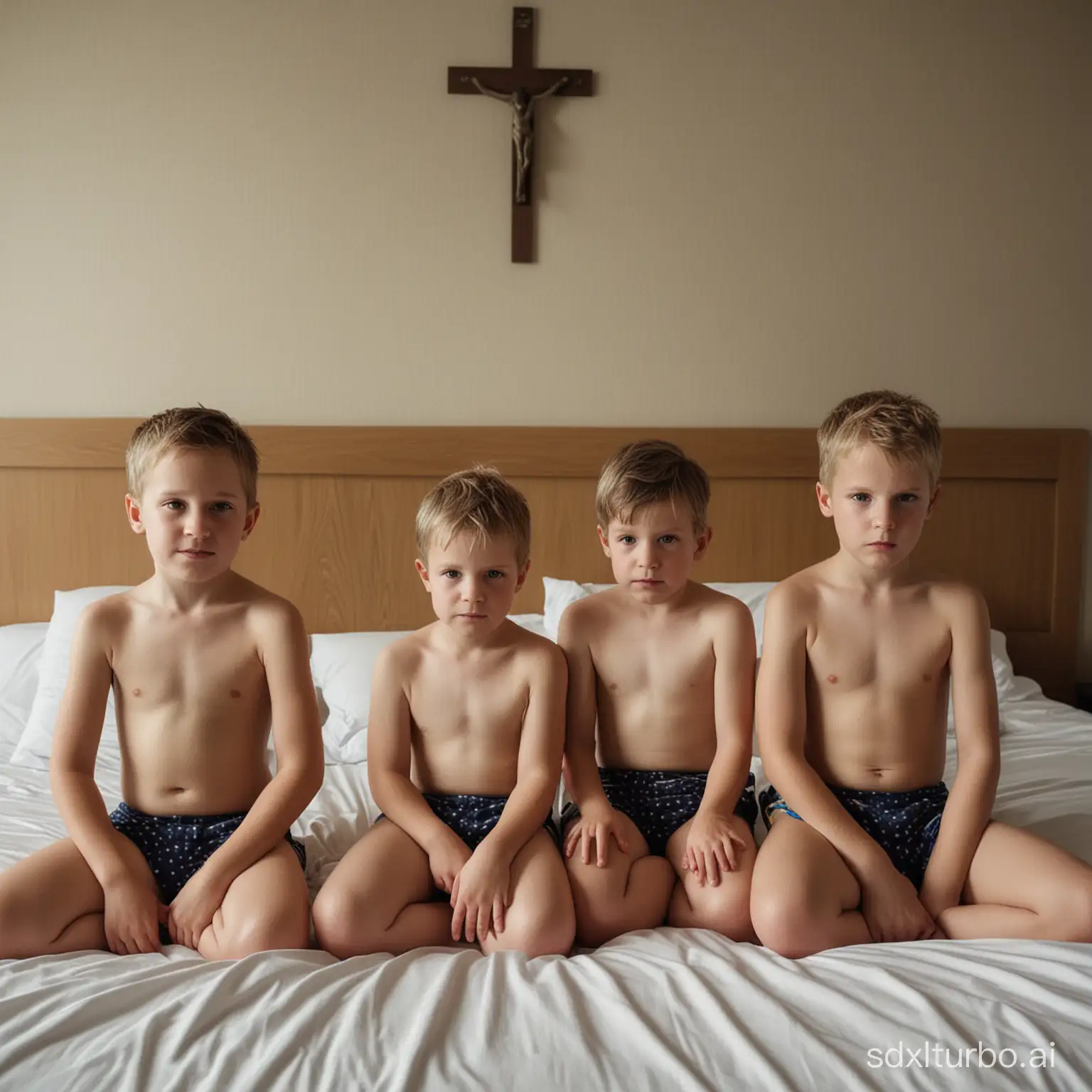 3 6-year-old boys in swimsuits sitting with 2 priests on a hotel bed. Gloomy light