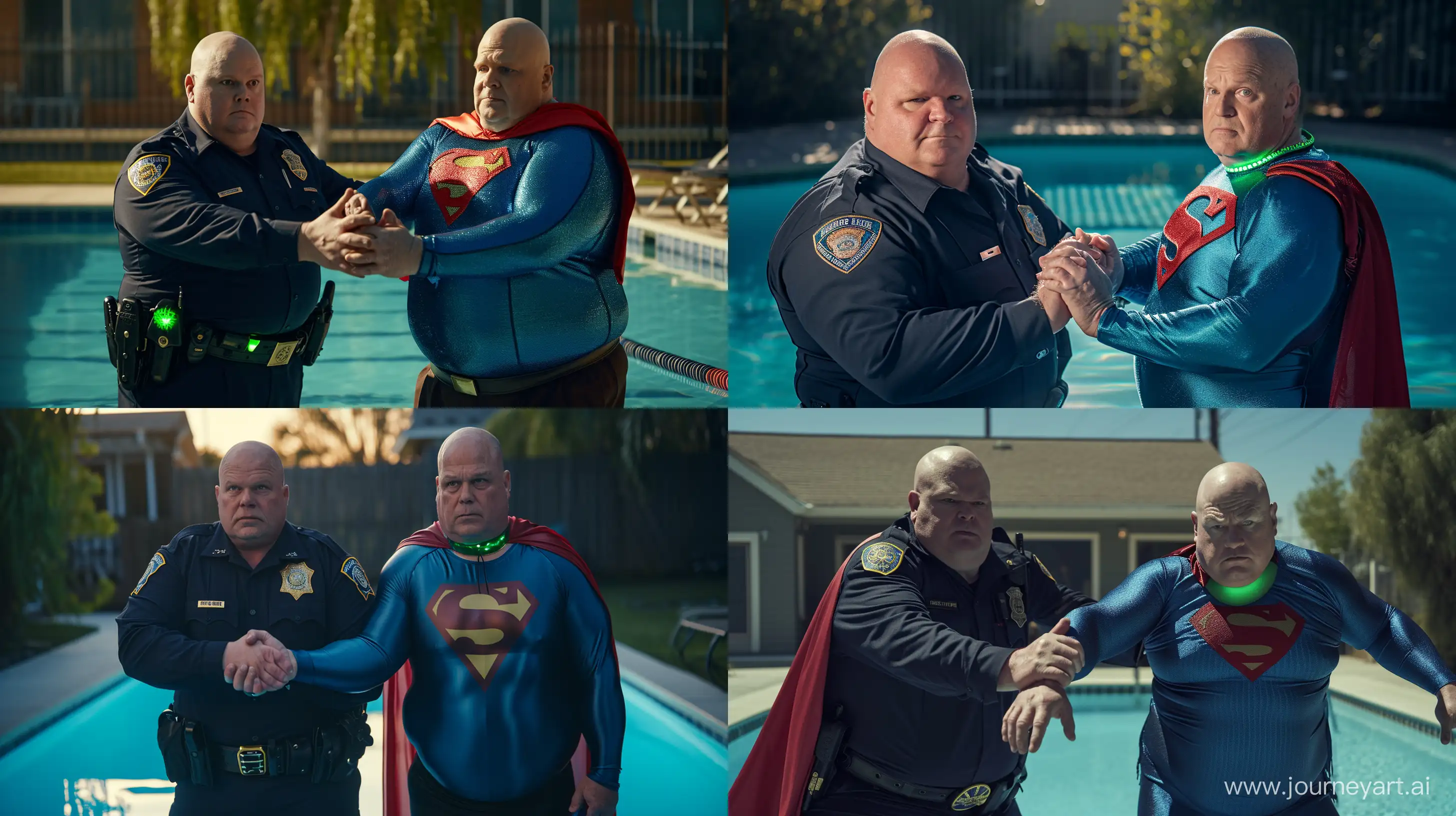 Serious-Police-Officer-Bonds-with-Playful-Superman-by-the-Poolside