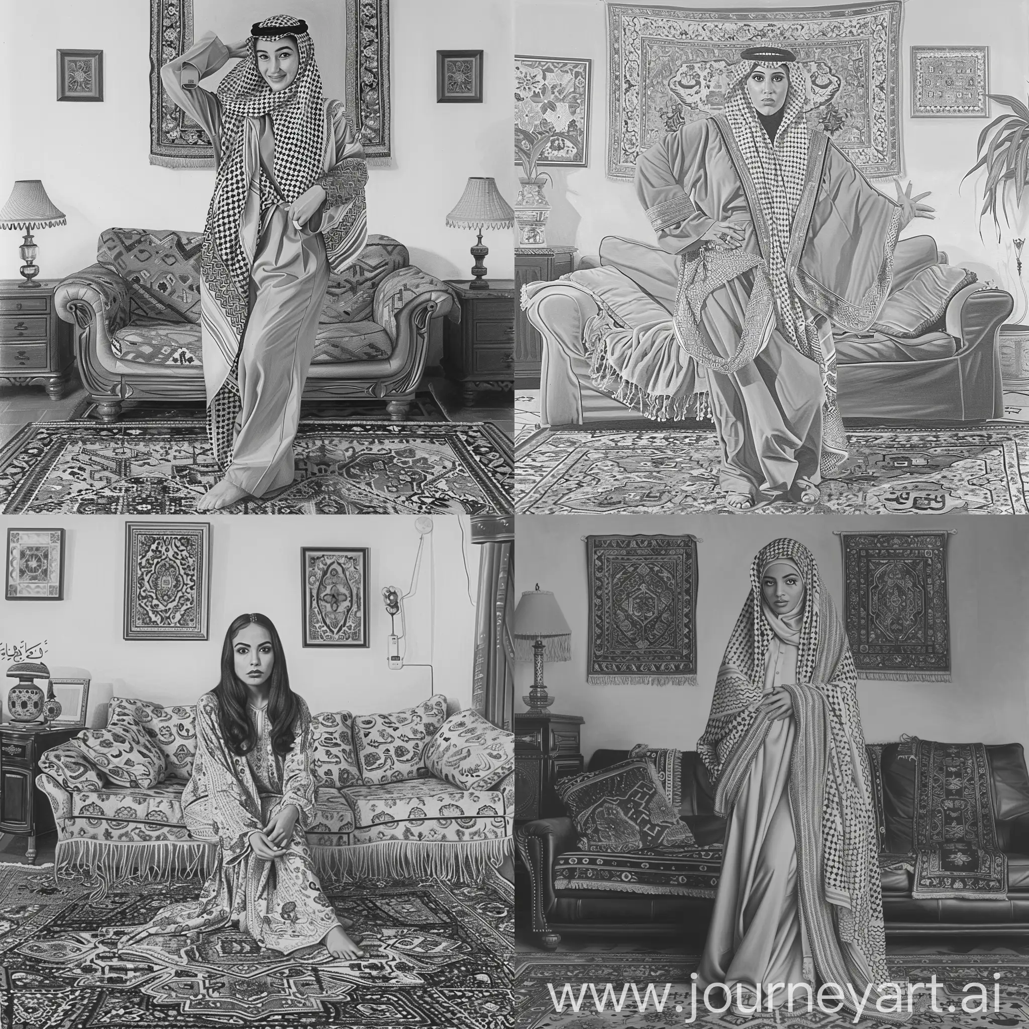 apollonia saintclair full body black and white drawing portrait catalogue of posing hilarious  saudi woman wearing saudi bsht, in 80s iranian living room