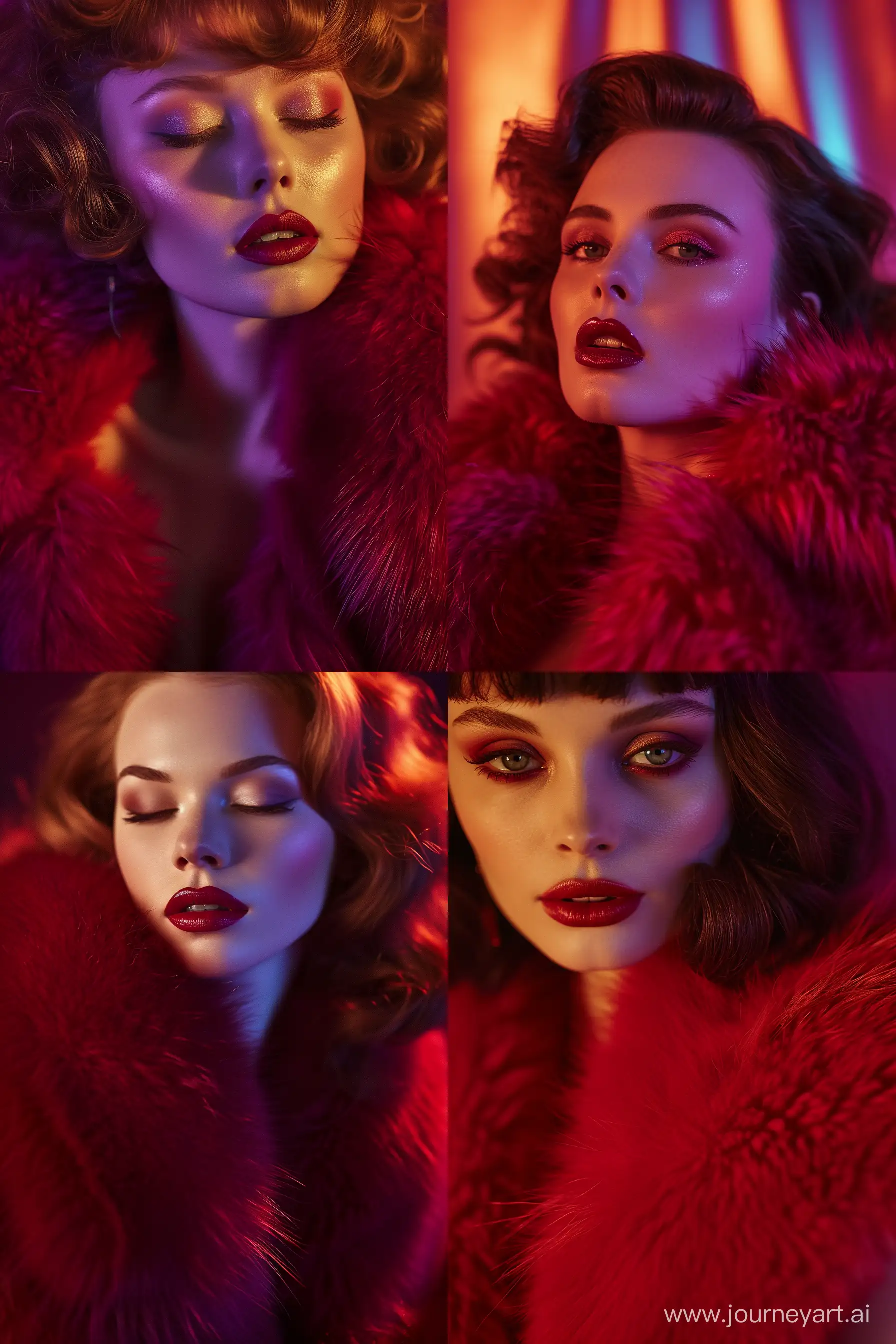 rachel wyeth in her red fur coat, in the style of captivating lighting, glamorous hollywood portraits, close up, dark paradise, retro-style, dark violet and light red, wavy --ar 2:3 --v 6.0