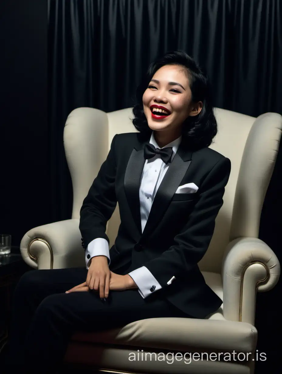 A Vietnames woman is wearing a tuxedo.  She is sitting in a plush chair in a dark room.  her jacket is open. She is wearing pants. She is giggling and smiling.  She is wearing lipstick.  She has shoulder length black hair. Her cufflinks are black.