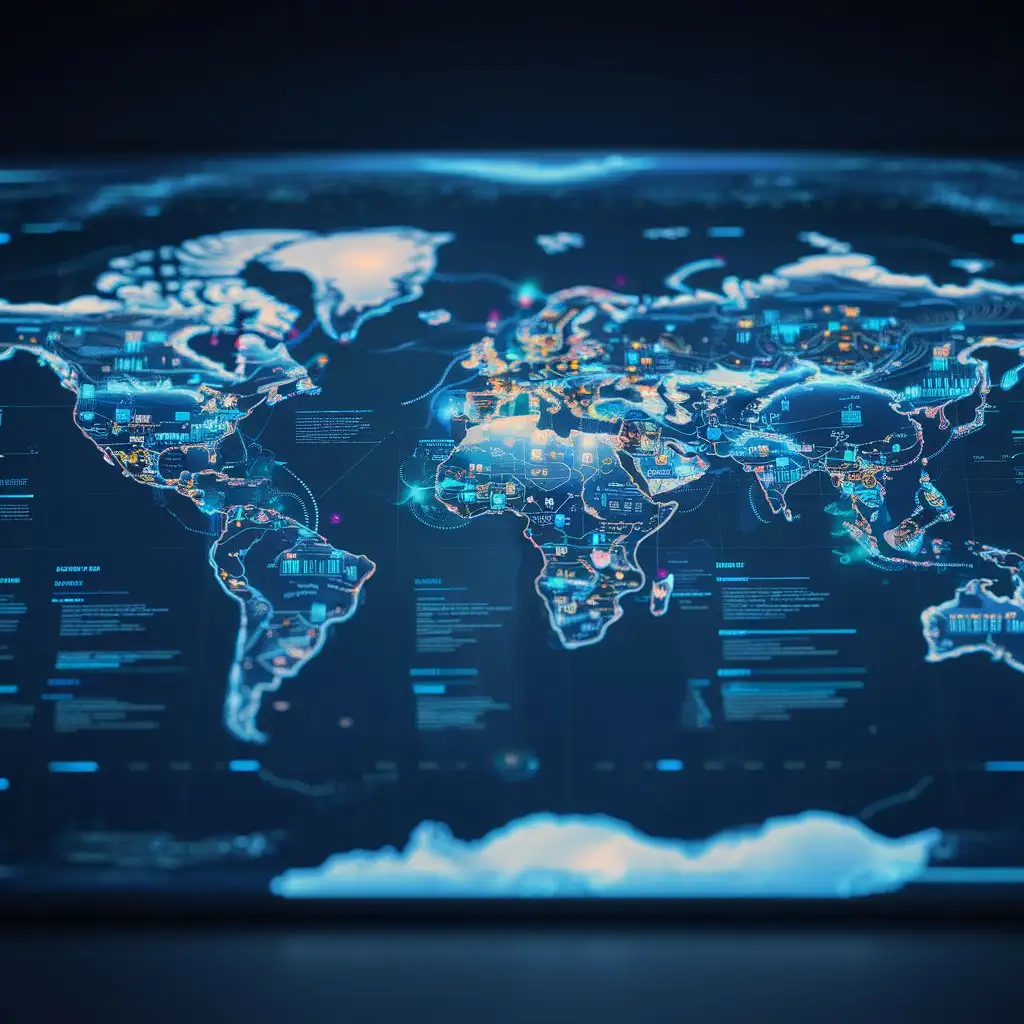 A holographic projection of a world map with data points and information.