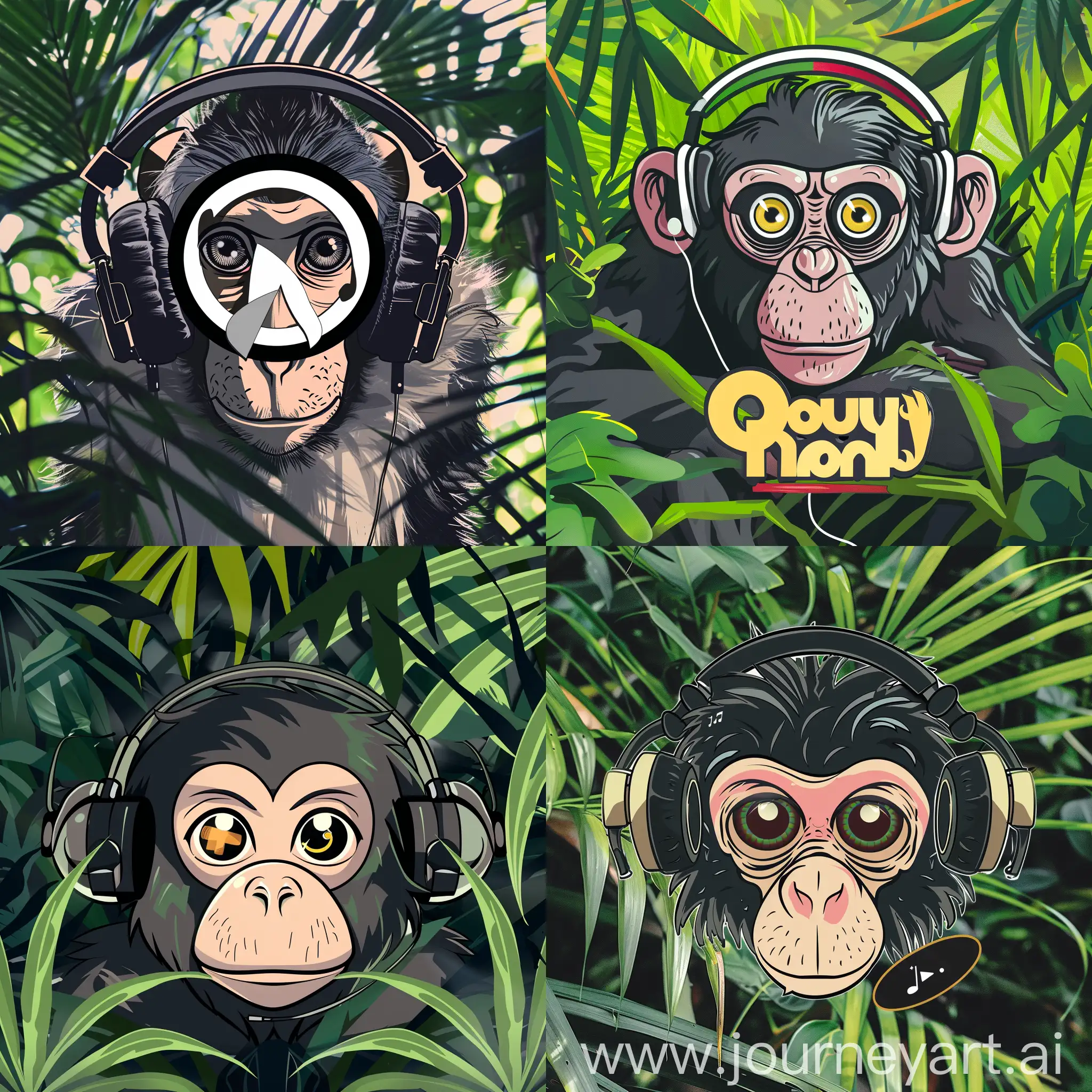 Ai created youtube music channel and a monkey listening a music with headphones in jungle and drawed like logo monkey eyes looking at camera