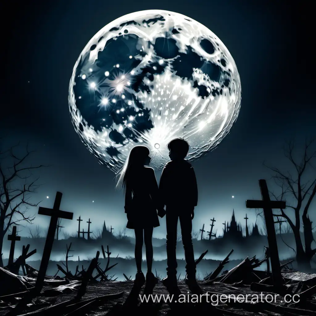 Девушка и парень стоят в обнимку на фоне большой луны и мёртвых людей