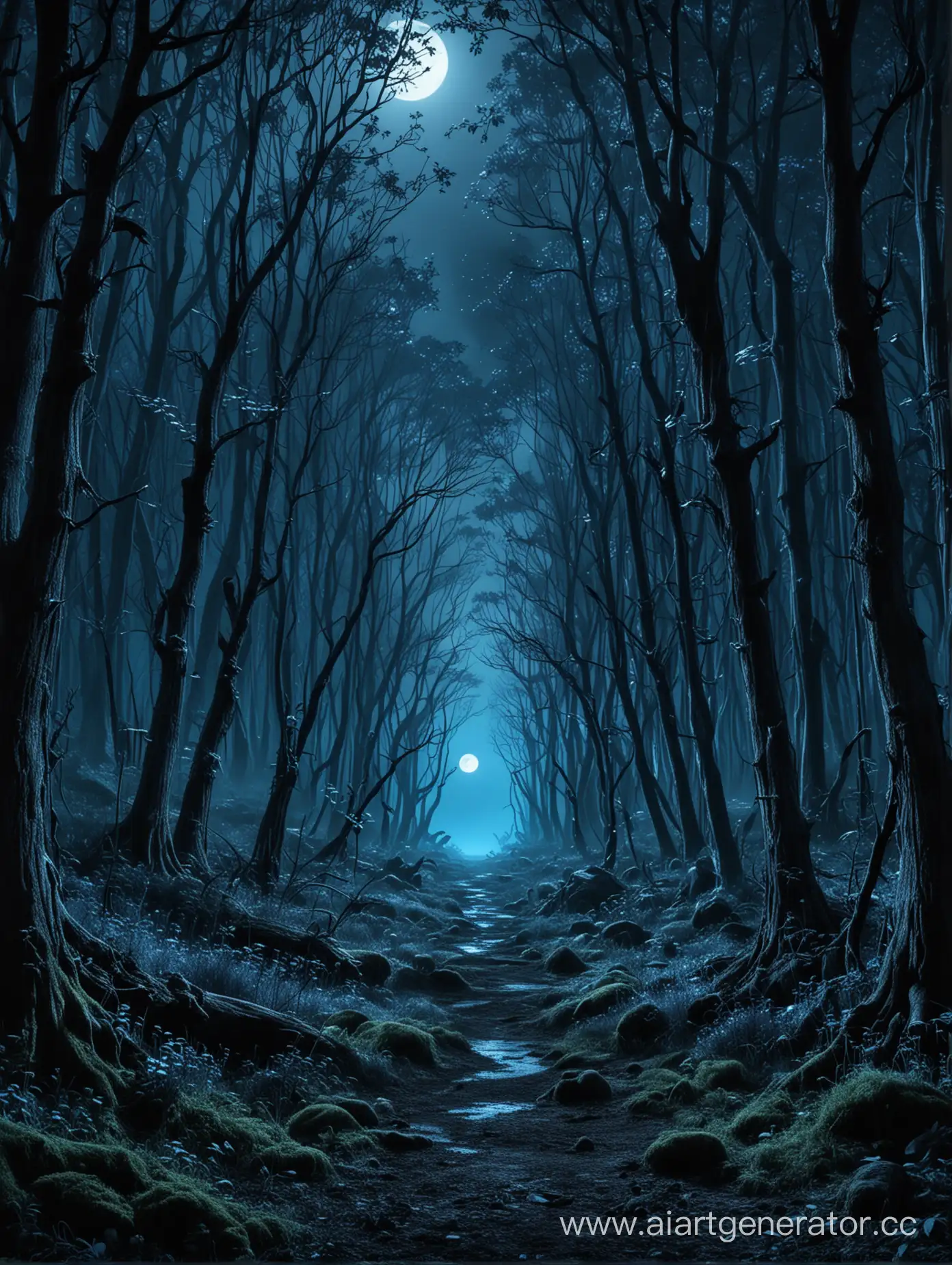 Ночной сказочный лес из малефисенты.  В синих тонах.