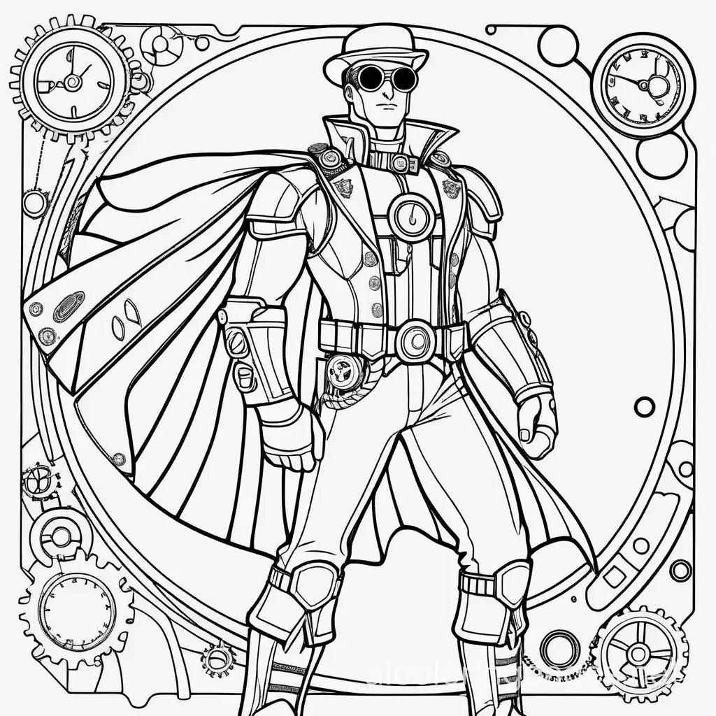 a steampunk superhero, Coloring Page, black and white, line art, white background, Simplicity, Ample White Space. The background of the coloring page is plain white to make it easy for young children to color within the lines. The outlines of all the subjects are easy to distinguish, making it simple for kids to color without too much difficulty