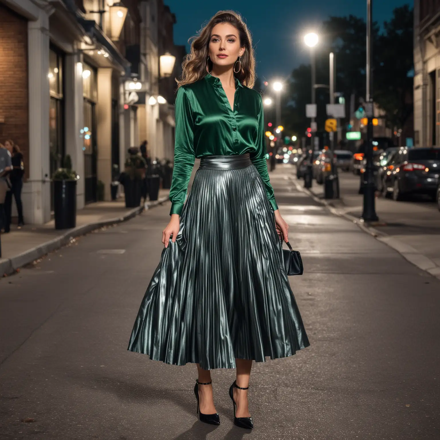 Mujer con una falda larga color plomo metalizado, con una blusa verde metalizada, con tacos negros, en la noche