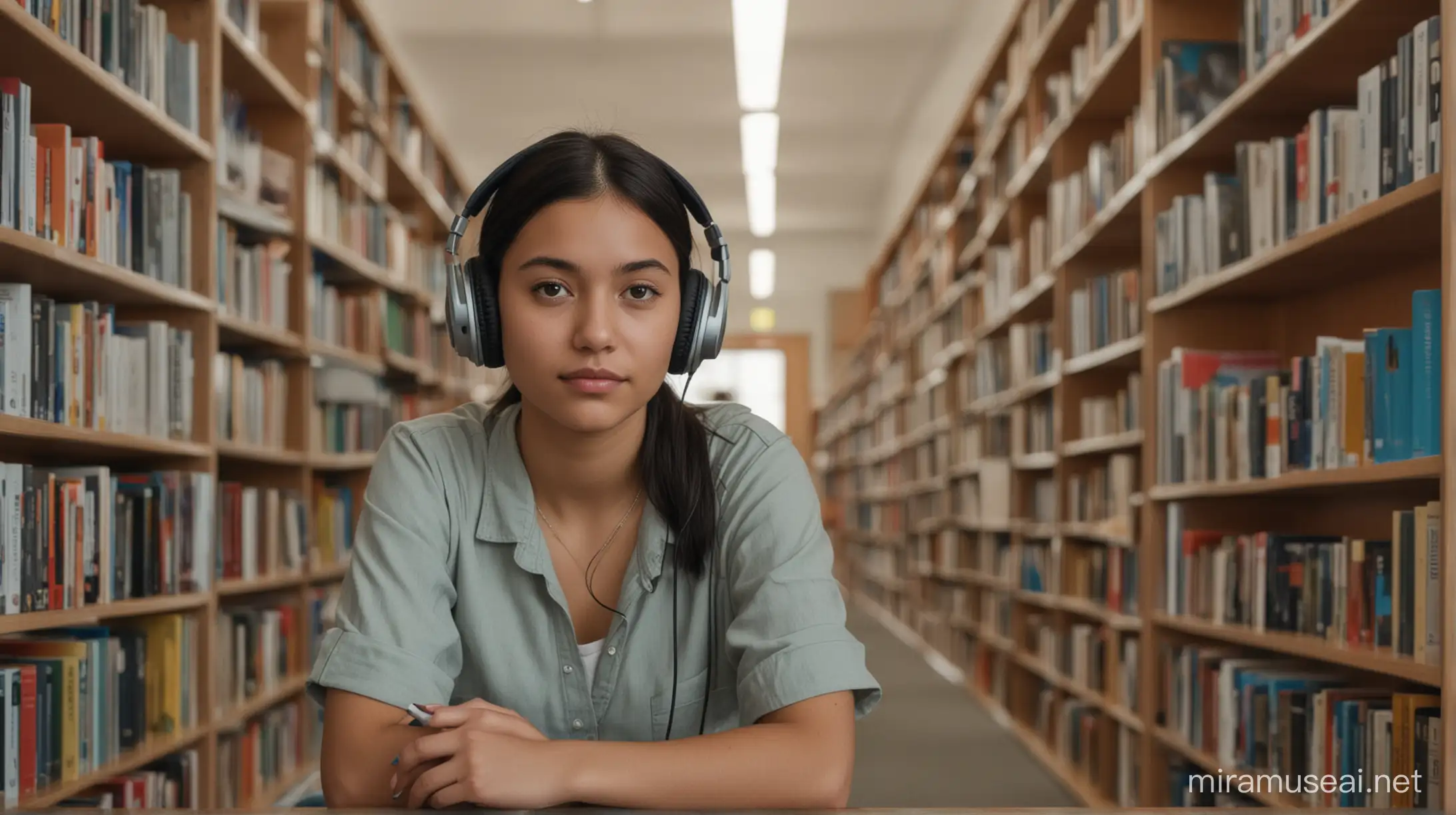 Distraction-Free Zone: Maya sits in a quiet library, headphones on, completely focused on her studies with no distractions around her.