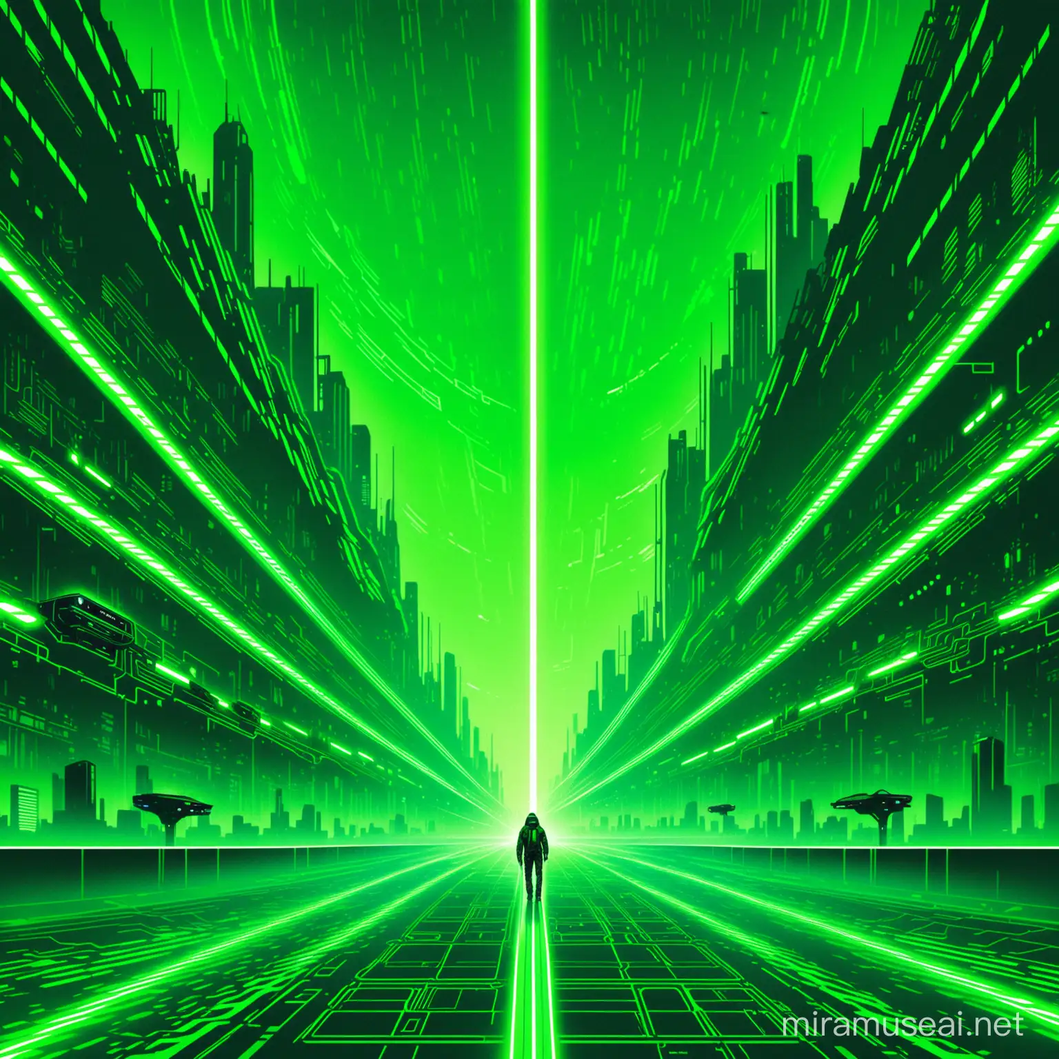 Futuristic Cyberpunk Album Cover with Green Tones