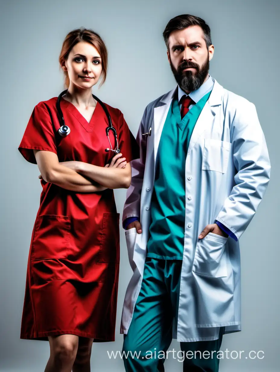 Молодая  современная девушка врач  и парень с бородкой доктор в красных медицинских халатах. Цвет фона белый