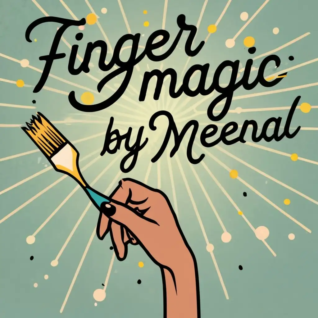 logo, Girl Hand holding paint brush smaller than logo name, text"Finger magic by meenal" used by painters Please properly write"by meenal ", with the text "finger magic by meenal", typography, be used in Beauty Spa industry use splashing beutiful colour background