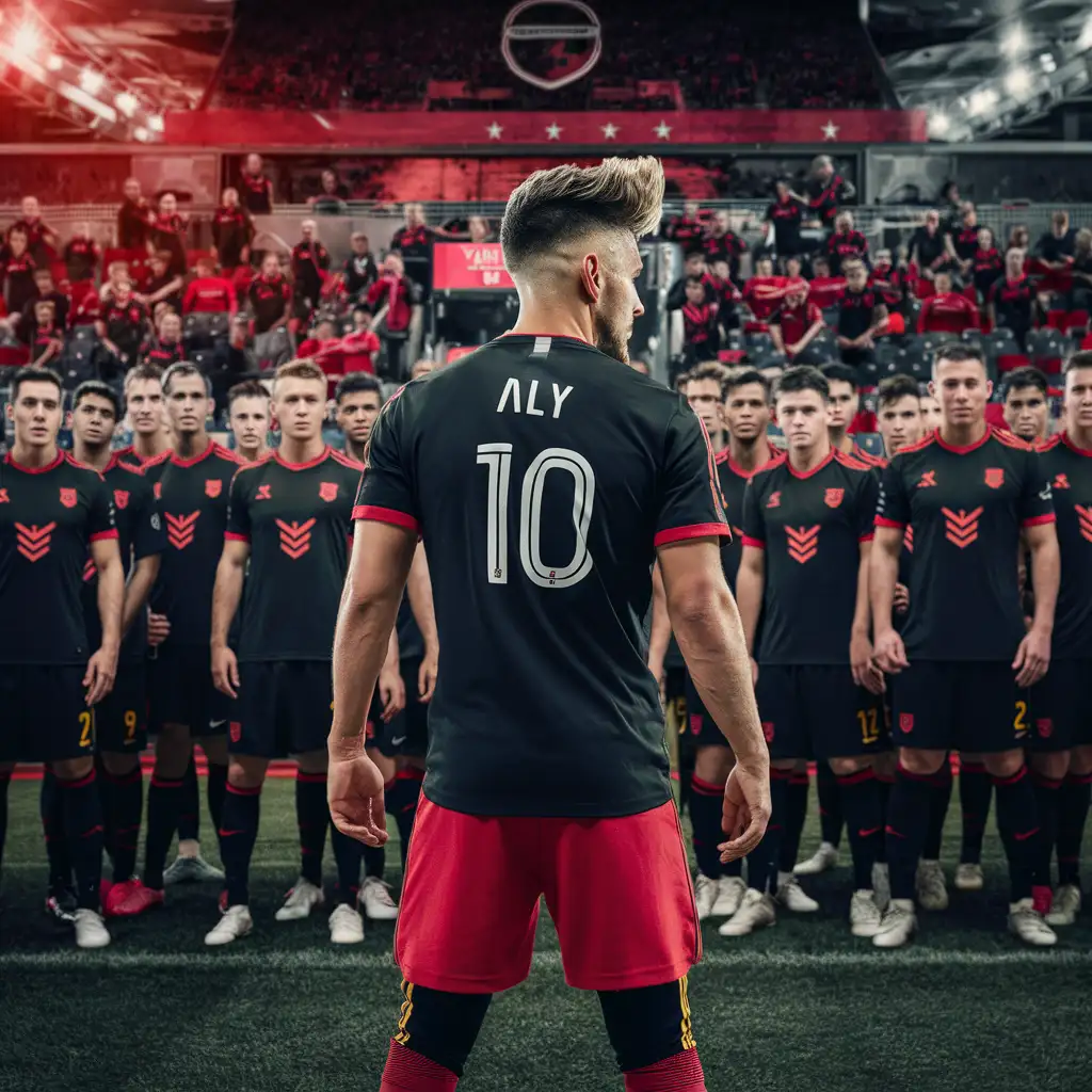 A european soccer player with black shirt and red stripes on the sleeves, with red shorts and yellow or black leggings he has the number 10 and the name ALY written in yellow and behind a stadium with players,  he has a trendy hairstyle . there are several players from both teams in the stadium he is facing the stadium and you can see his back. The players has same shirt with ALY. They plays for VALHALLA 