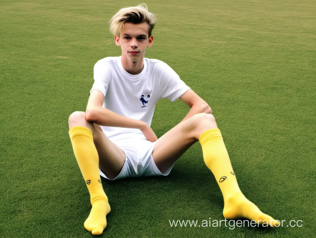 a 18 years old skinny french blond boy, wearing a white leotard and yellow loong soccer socks ,seating on the grass, jacob sartorius
