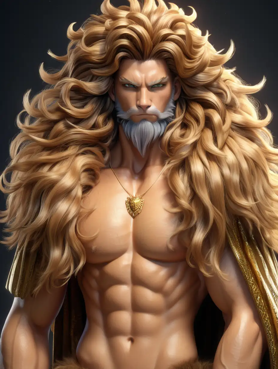 very hot beautiful catboy. very long curly wavey voluminous golden brown hair. unreal engine 5. hyperrealism. very intricately and microscopically detailed. Ultra high definition. abs. marble. neon. holographic. ultra realistic 3d blender sfm textures. fur trimmed forearms. golden honey brown fur. portrait. mane around neck. muscular shoulders. dark gold lion mane fur shawl. bearded