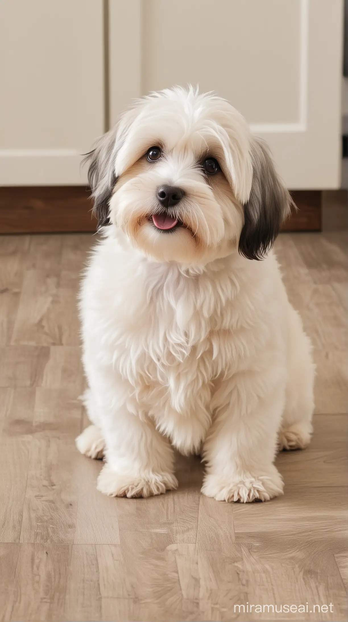 cute havanese puppy sitting on the floor with his owner teaching him the command sit