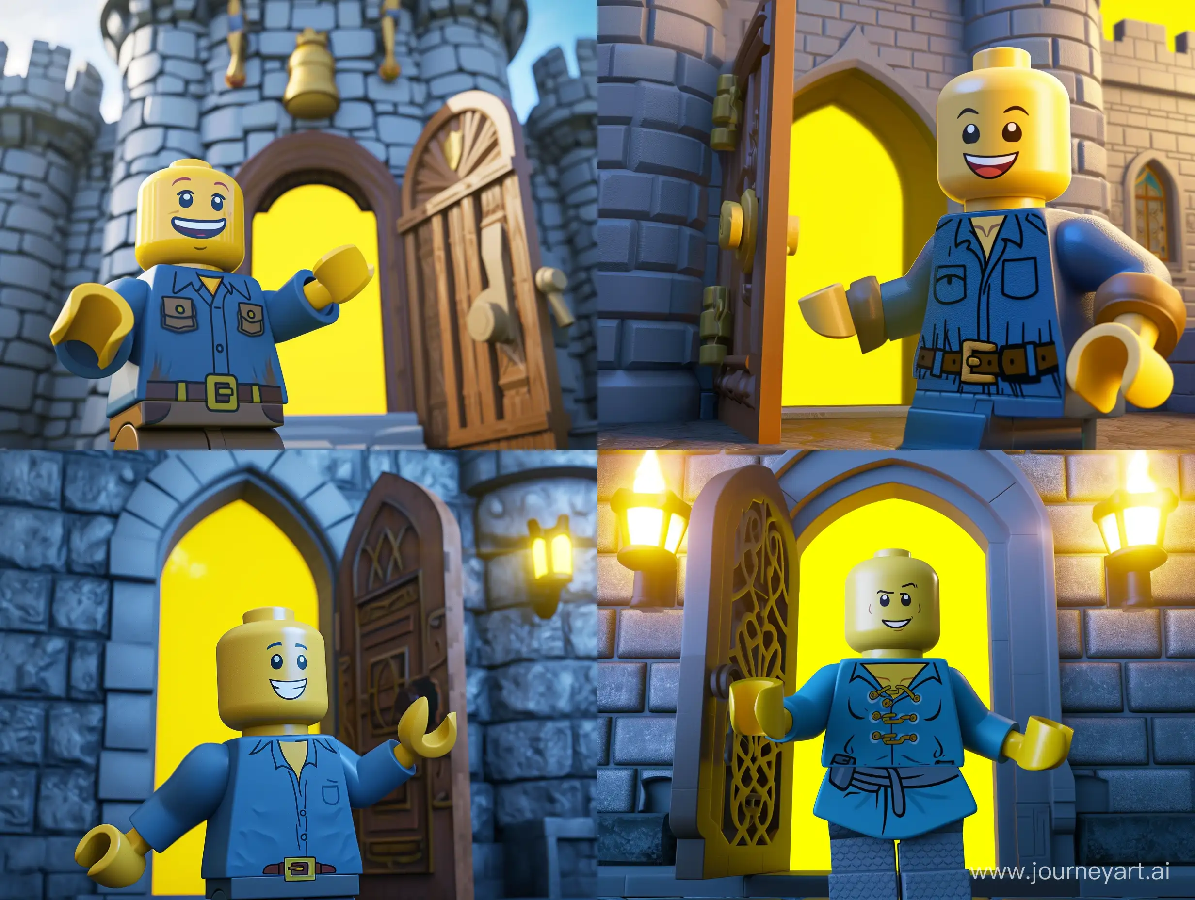 Roblox avatar with yellow skin color and has a bald and wearing a blue shirt and opening castle door with yellow BG