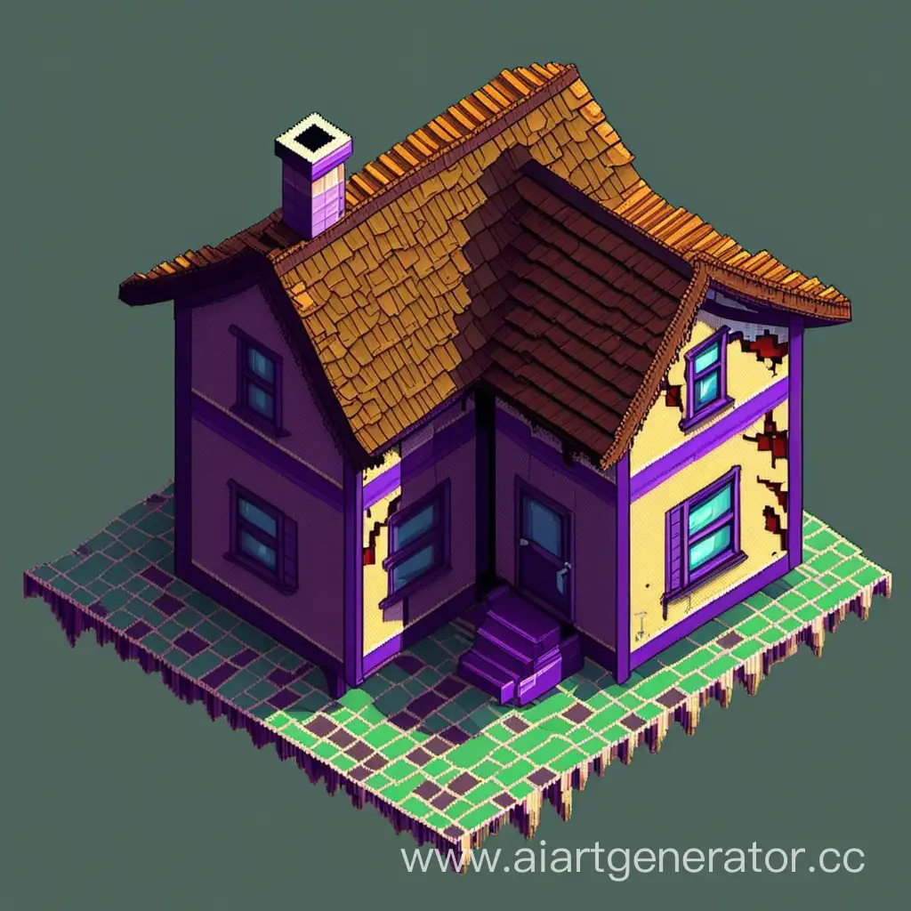 мрачный старый дом с потрескавшейся крышей в пиксельном стиле изометрический вид
