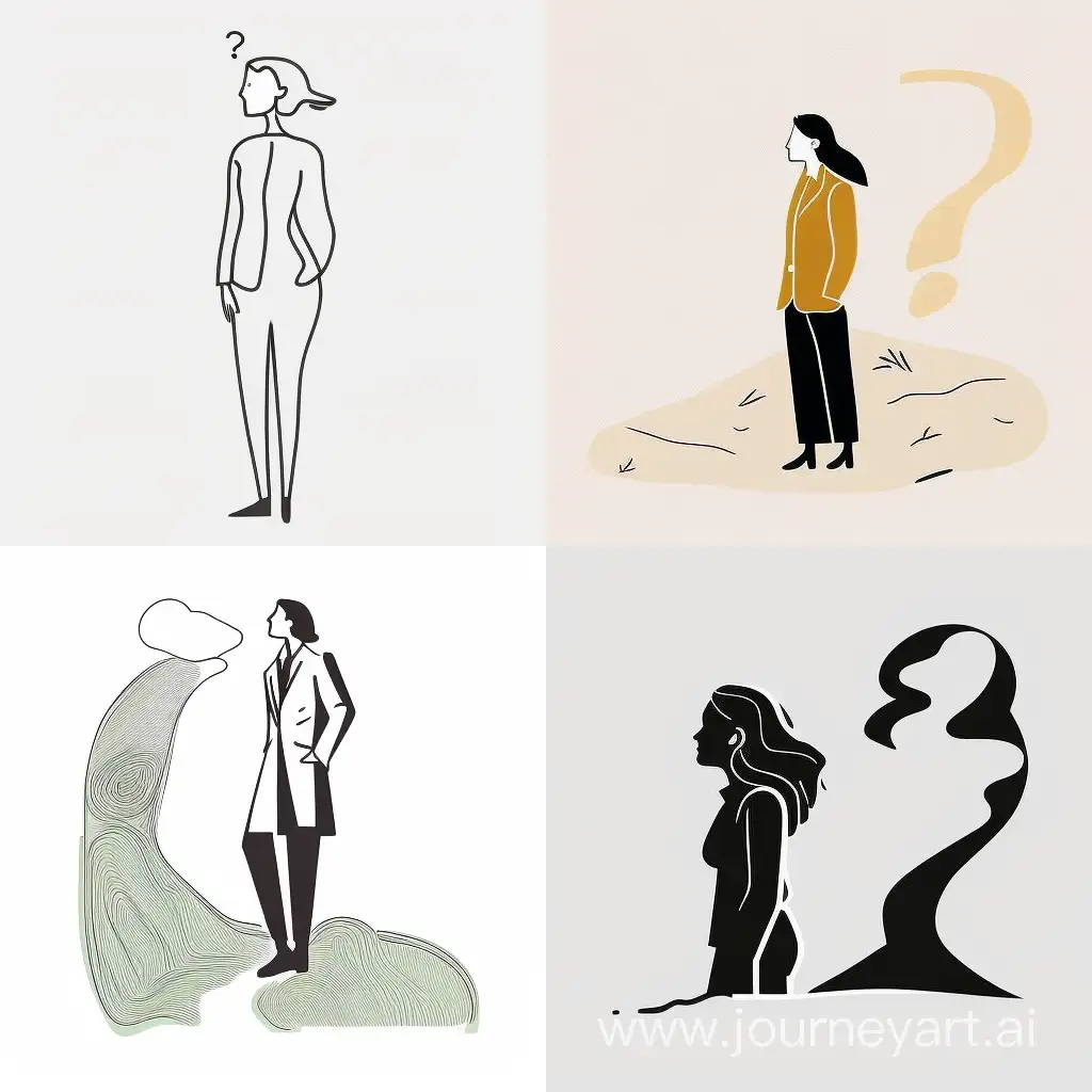 Task: Generate a flat vector minimalistic illustration with organic shape for the following {Subject} in a pure solid white background that to be thought-provoking, often incorporating metaphorical imagery to conveying messages in a universally understandable way.

Subject: A gender-neutral figure, should be depicted in a thoughtful pose, perhaps standing at a crossroads or in front of a complex decision tree, symbolizing the decision-making process. This character should exude confidence and professionalism, with subtle facial expressions that suggest deep contemplation.

Artistic Style: The illustration should be rendered in a clean, modern flat vector style. Emphasize simplicity and clarity, with bold, defined shapes and a minimalistic approach to detail that conveys the theme effectively without clutter.

Visual Elements: Incorporate visual metaphors for decision-making, such as a crossroads, a decision tree, or a labyrinth, directly interacting with the character. These elements should guide the viewer's eye through the composition, highlighting the decision-making process.

Composition: The arrangement of elements within the illustration to create a cohesive, balanced, and visually appealing piece. It involves the consideration of balance, alignment, contrast, rhythm, and focal points to guide the viewer's eye through the artwork and convey the intended message or narrative effectively. Ensure the final design edges not cut off or side off. Make sure a perfect blank space all the edges. Maintain simplicity while conveying a well-defined message or theme through the illustration.