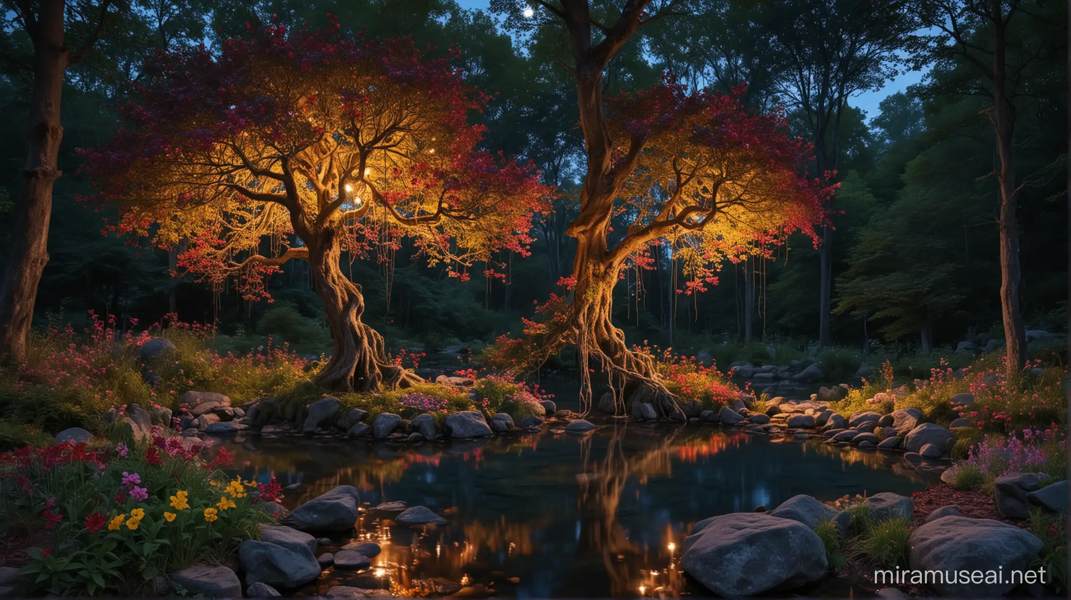 beautiful secret place in a forest, it has a cascade and a pond surrounded by small rocks, a huge tall thick old tree only the base is seen, it has red purple and yellow flowes, at night, illuminated by the dim blue light of the moon