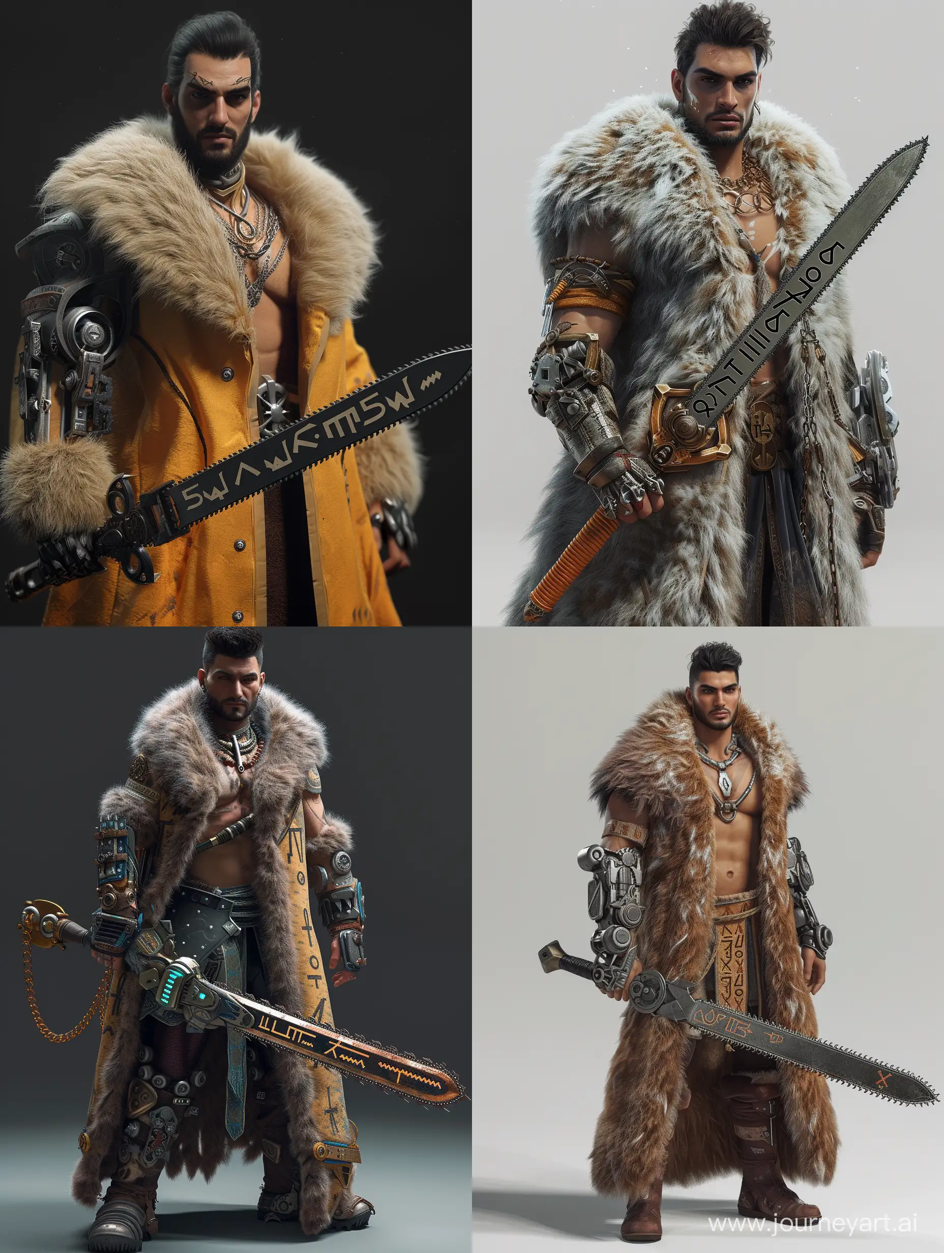 persian man[18 years old,handsome,beautiful,Long fur coat]with sword [chainsaw blades,cuneiform letters curving on it]and mechanical armglove[powerful,intricate],incredible detail,Steampunk,Unreal engine 5.

