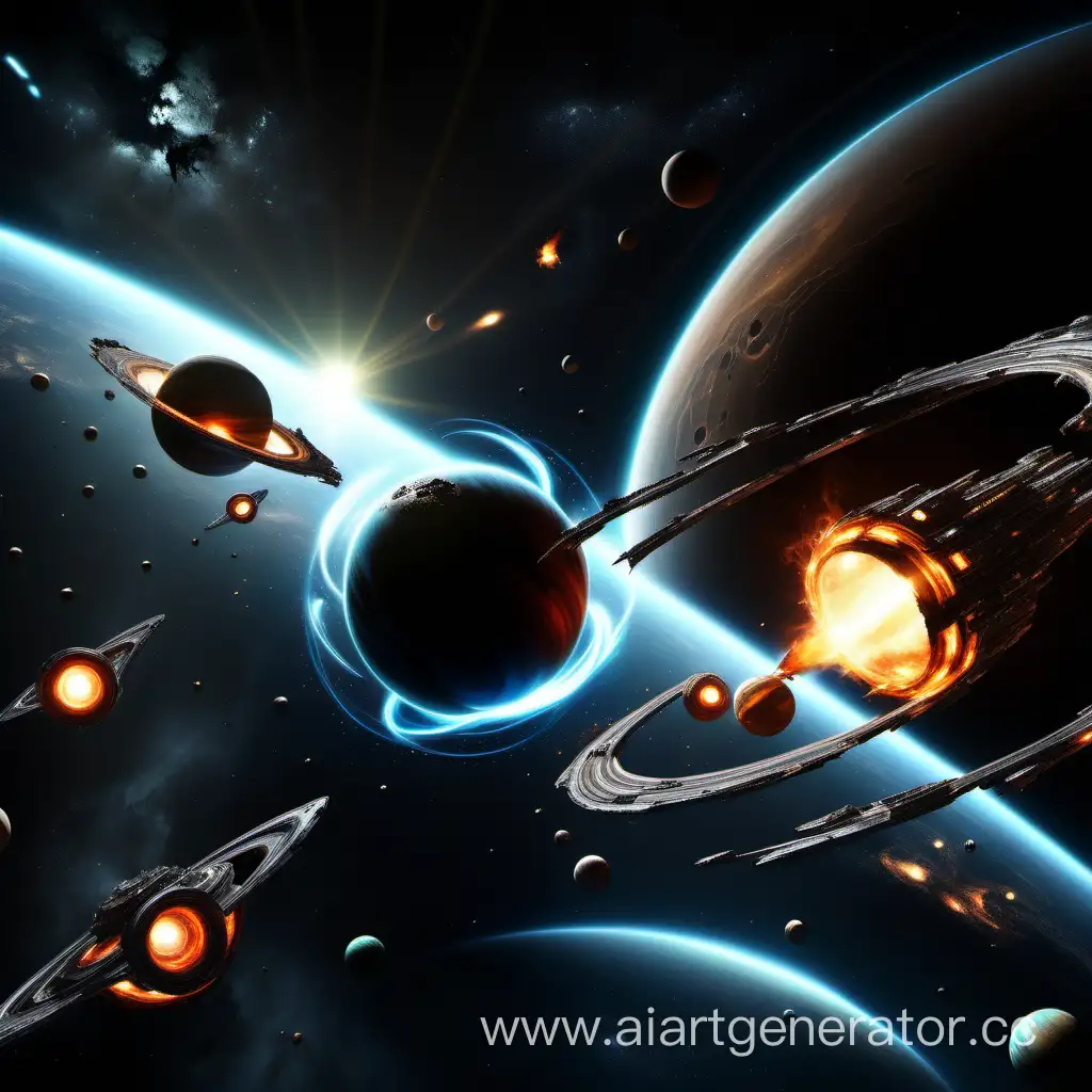 Spaceships-Flying-Past-Black-Hole-Around-Destroyed-Planets