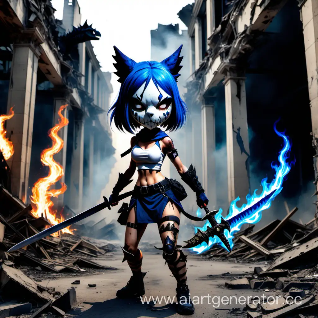 Девушка с костяной маской диозавра, кошачьими ушами и хвостом, идет среди разваленных зданий, очень злая и с клинком в руках, который горит синим пламенем