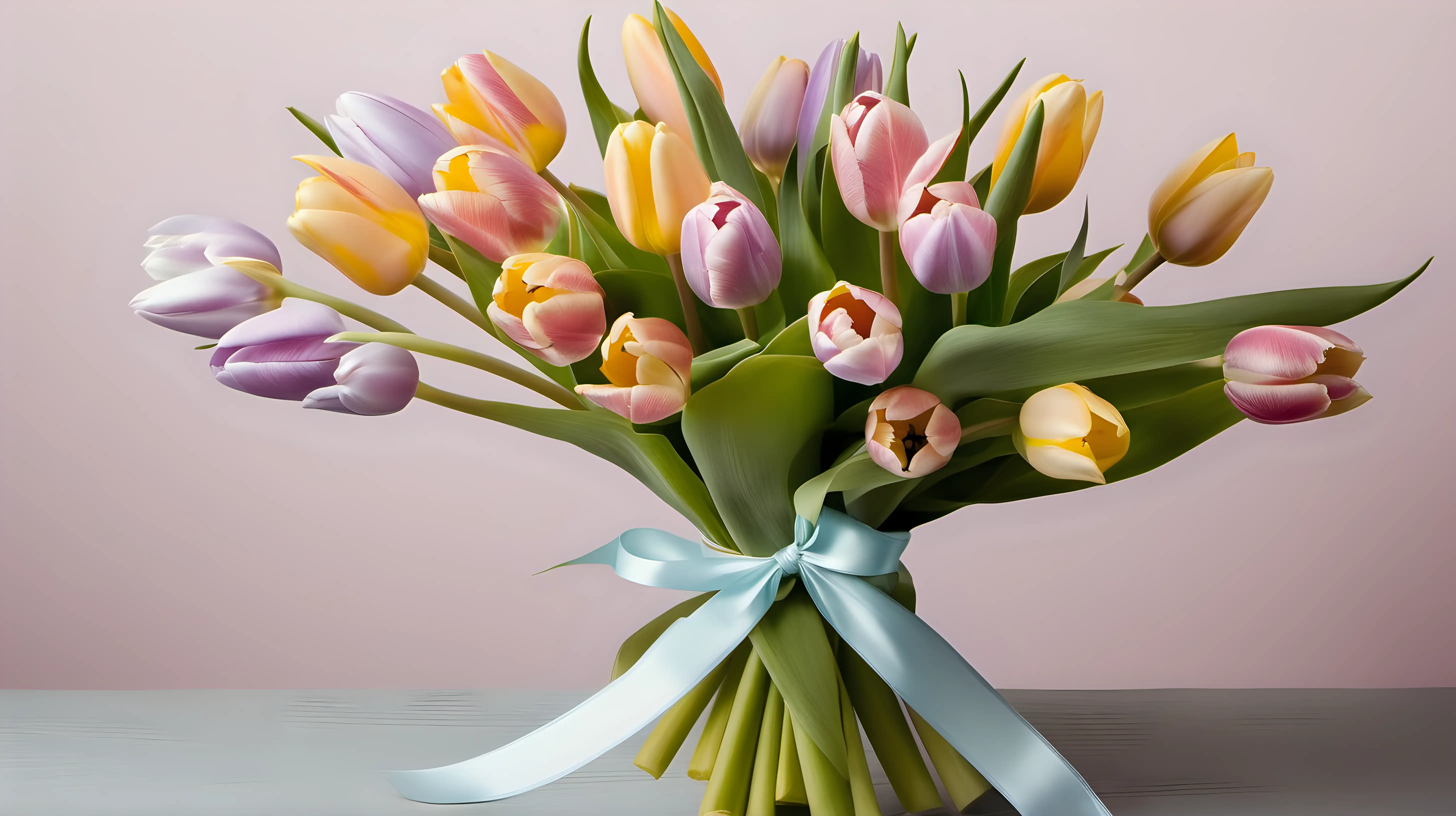 A charming bouquet of pastel-colored tulips tied with a delicate ribbon, evoking feelings of tenderness and romance.