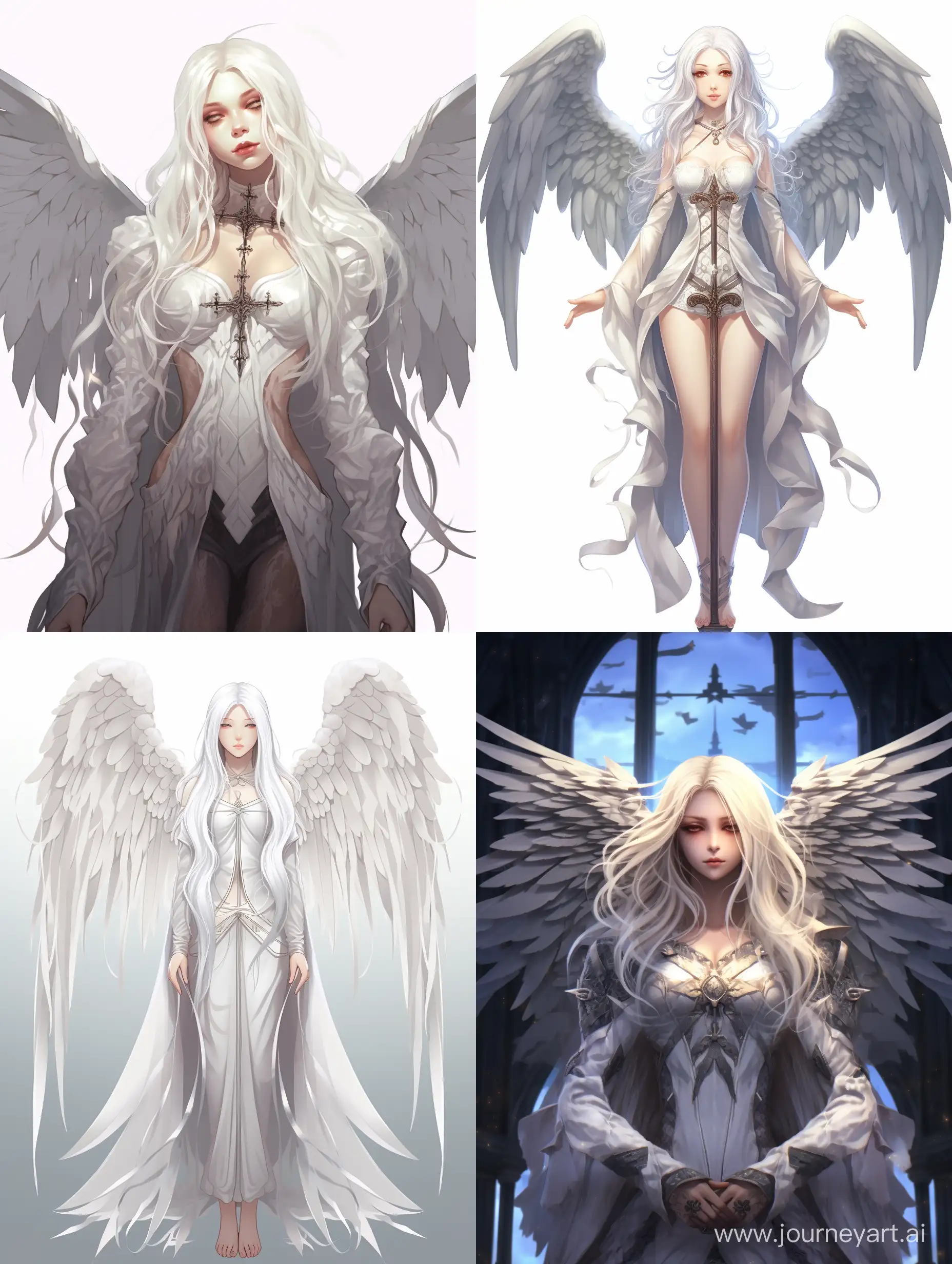 beautiful mal character white slender body Alphonse Muchas style costume long white hair angel wings standing in all height catholic cross