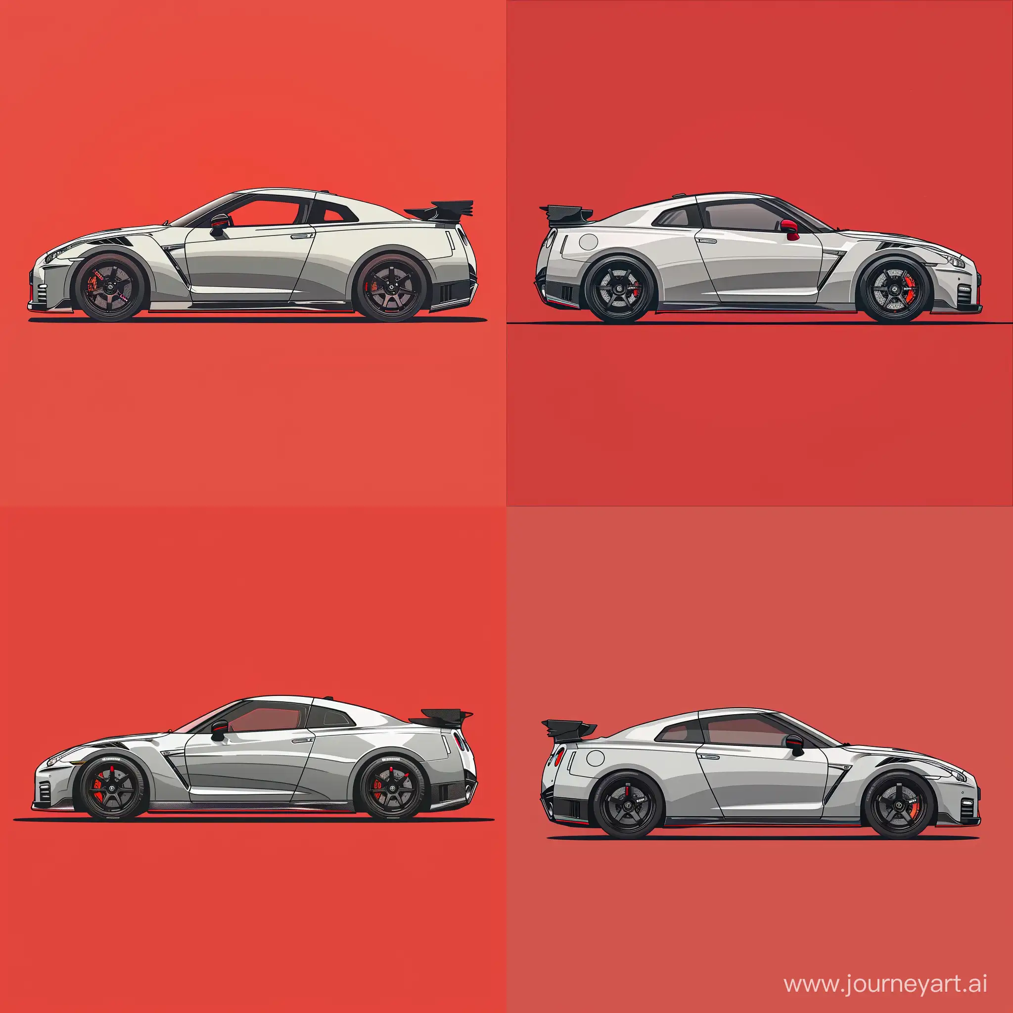 Minimalist 2D Side View Illustration, Silver Nissan GTR Nismo, Simple Red Background, Affinity Designer Software, High Precision, 8-bit