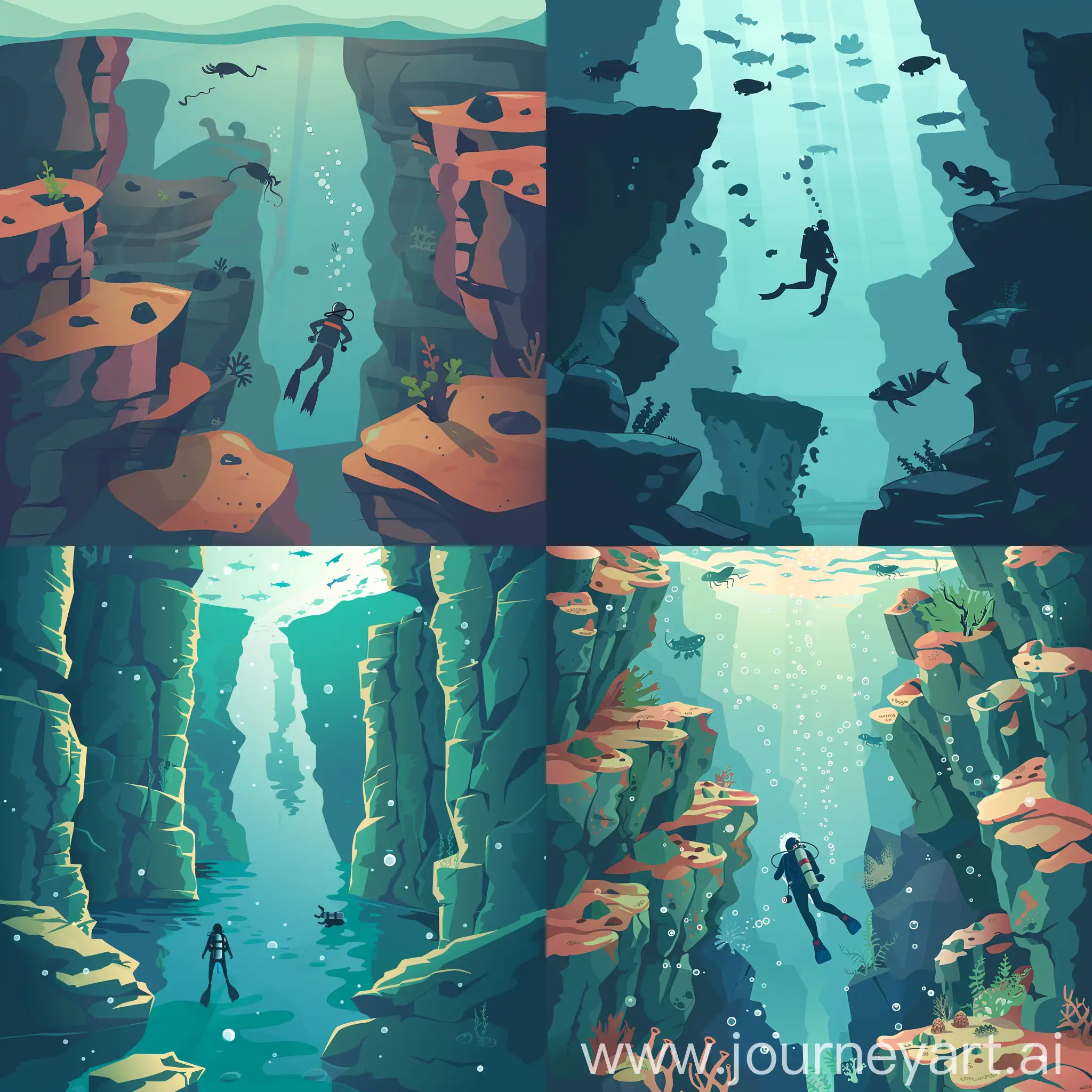 Exploring-Underwater-Depths-Diver-Amongst-Rocks-and-Cliffs-with-Aquatic-Creatures-in-Flat-Style