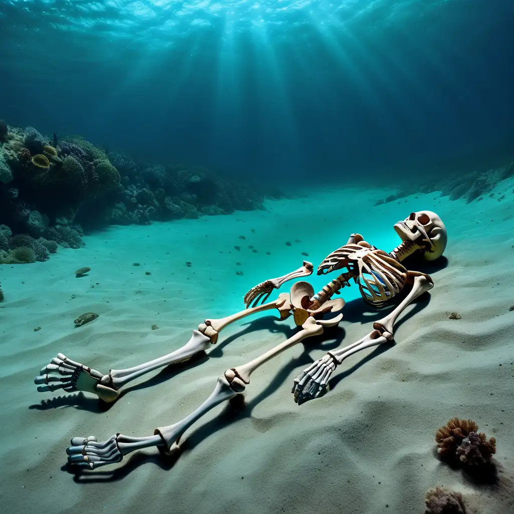 human skeleton laying at the bottom of  the sea
