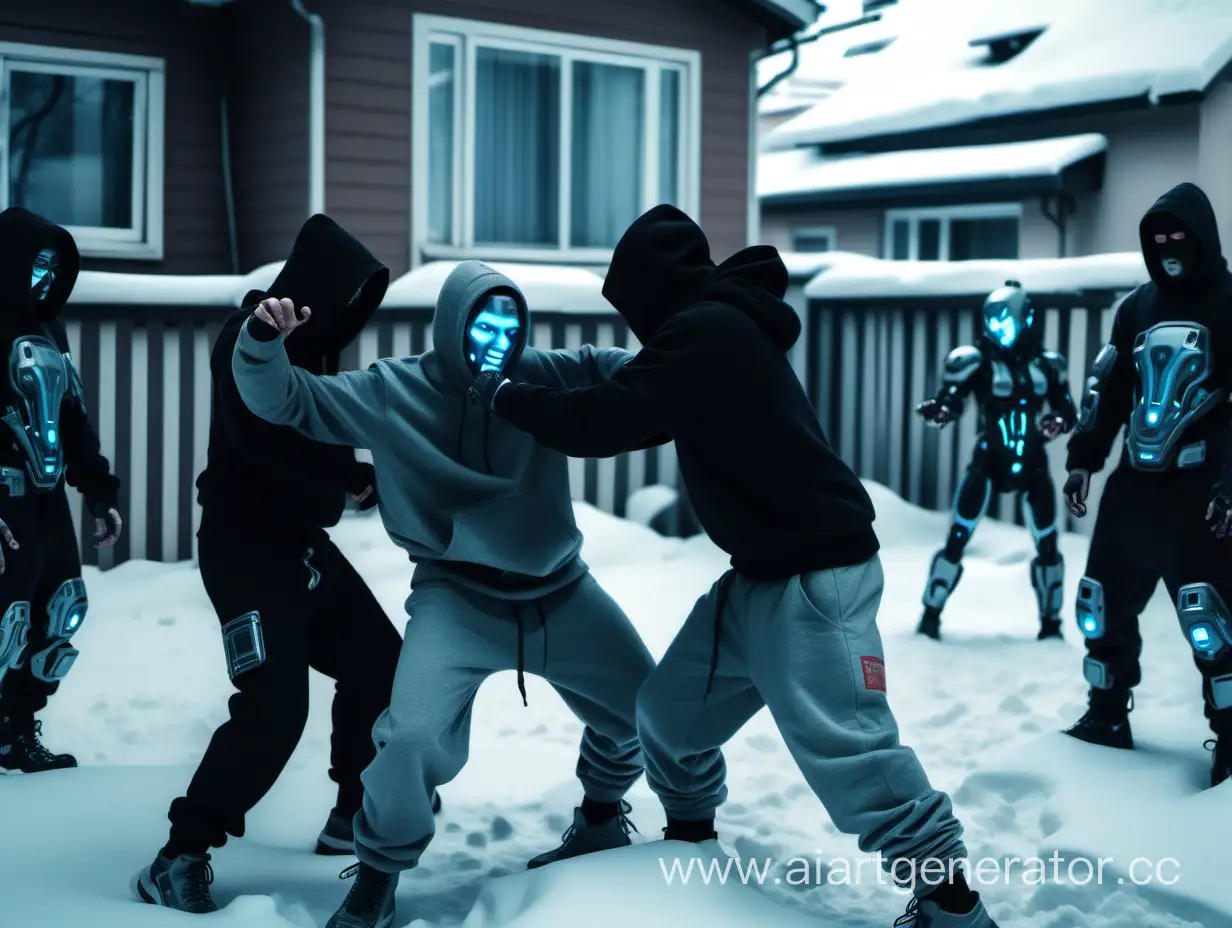drunks cyborgs in sweatpants are fighting in the yard of the house, people are watching around, snowy, cyberpunk, futuristic, dystopian, depressive, artificial, prosthetics, technological, wintery, Russian, dark