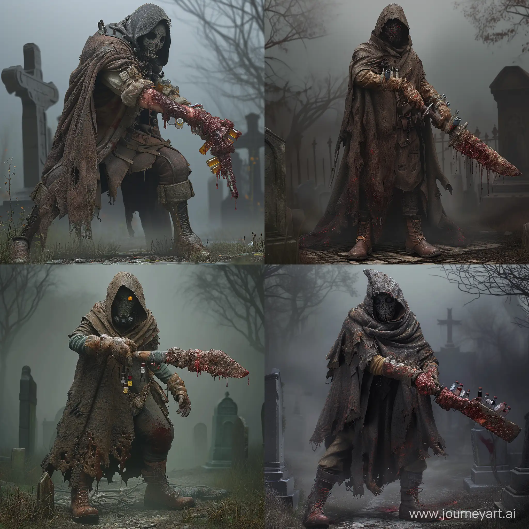 a man wearing, Tattered, plague-ridden cloak with a haunting mask, Contaminated gloves with vials of toxic substances, Heavy, rusted boots with built-in gas dispersers, wields a dagger coated in deadly diseases, standing in a foggy cemetery,  bloodborne aesthetic, 1970's dark fantasy, detailed, cosmic horror, gritty, dark lighting, edgy, blood on weapon, 64 bit