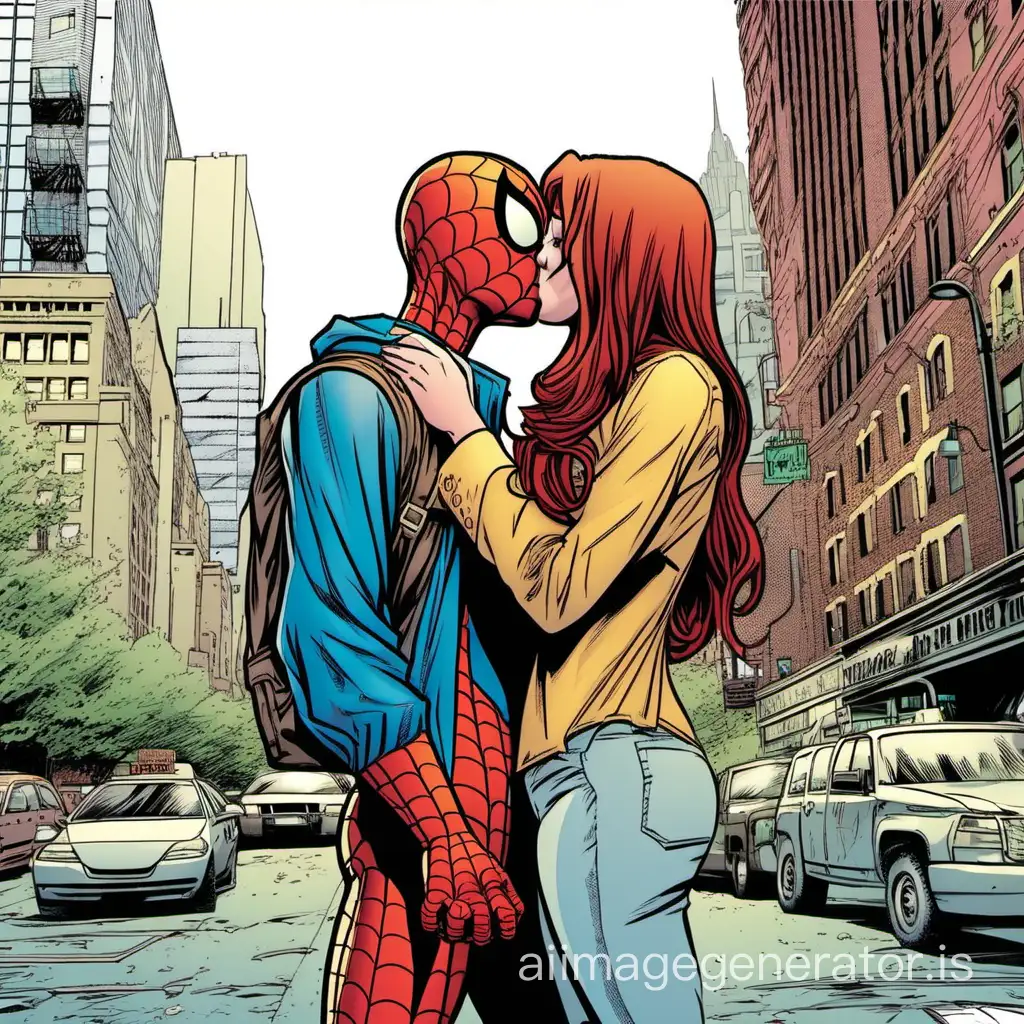 Spider-man kissing girlfriend Maryjane
