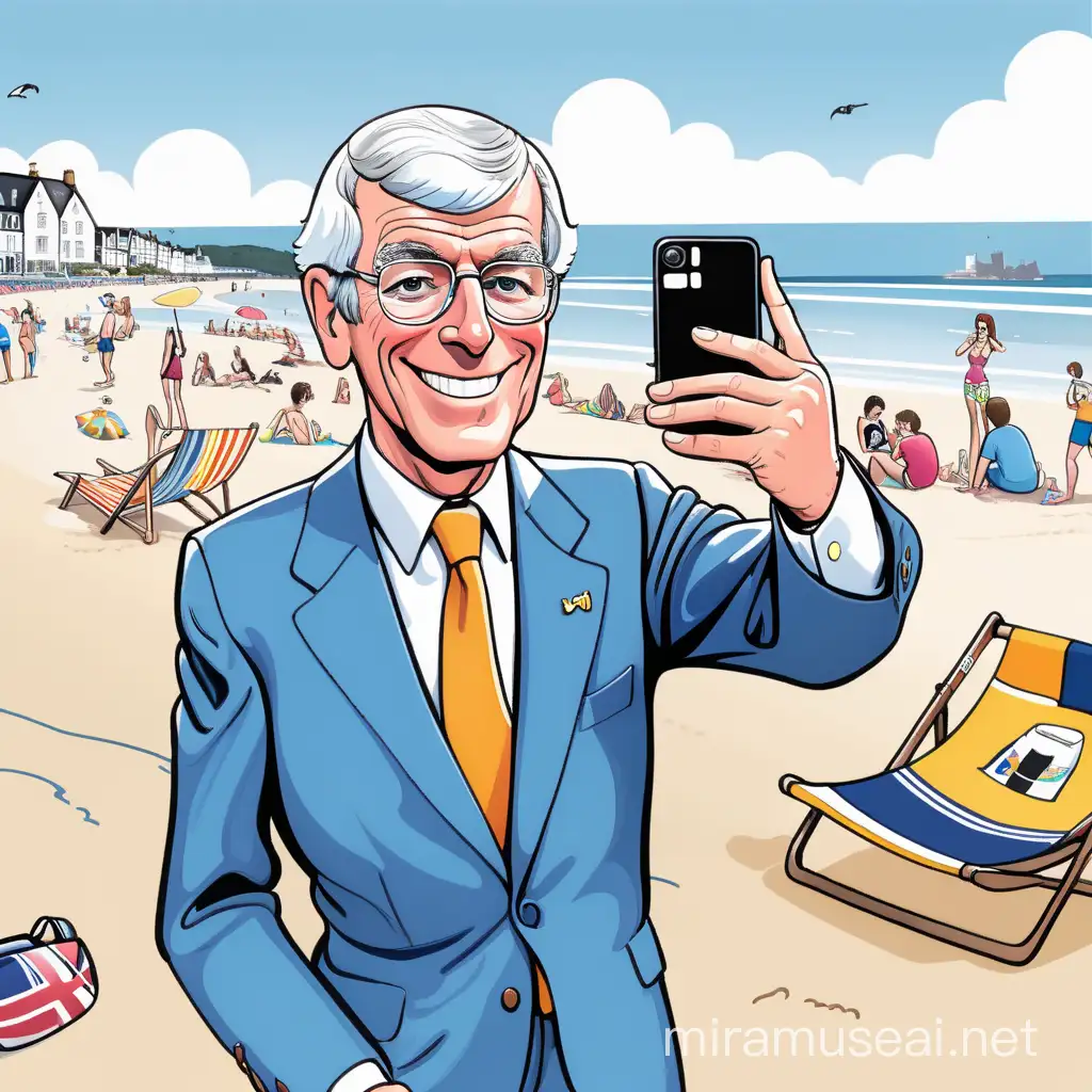 Colorful Cartoon Style Image of John Major Smiling and Taking Selfie at an English Beach