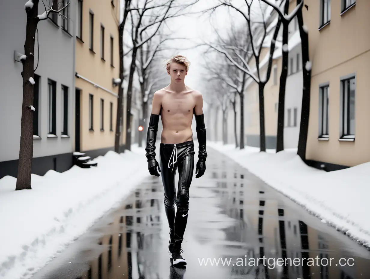 Nude-Swedish-Teen-in-Latex-Outfit-and-Nike-Sneakers-Strolls-Snowy-Urban-Street