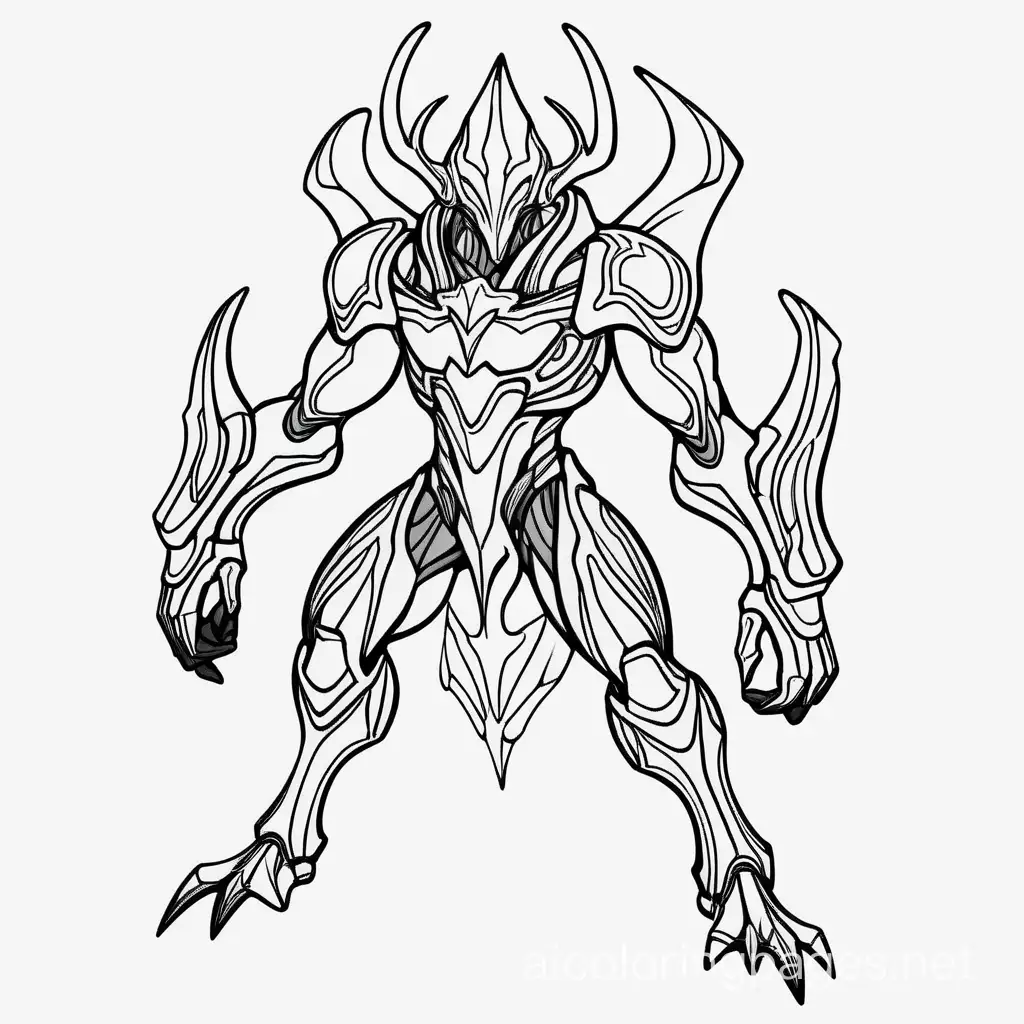 Warframe Strong monster, Coloring Page, black and white, line art, white background, Simplicity, Ample White Space. The background of the coloring page is plain white to make it easy for young children to color within the lines. The outlines of all the subjects are easy to distinguish, making it simple for kids to color without too much difficulty