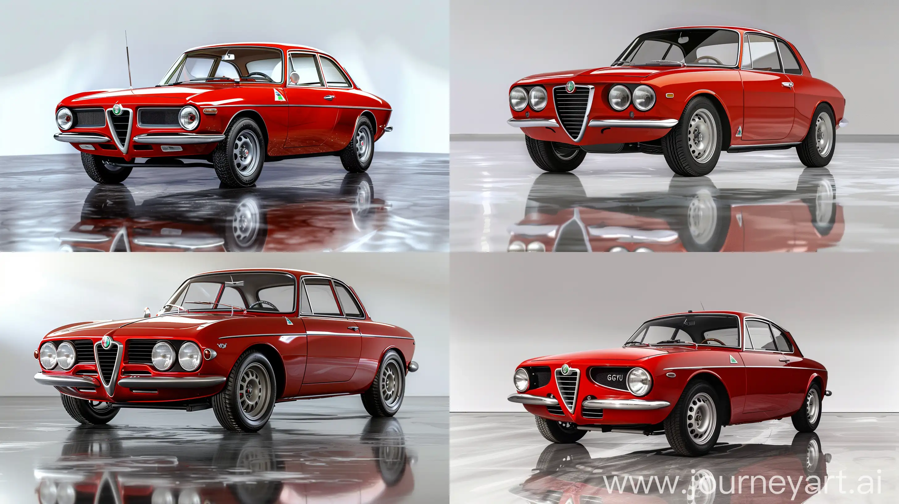 Illy Moss illustration of a classic red Alfa Romeo GTV sports coupe, positioned at a three-quarter angle showcasing its distinctive grille and round headlights, pristine condition, parked in a spacious, well-lit studio with white background, reflections on polished concrete floor, a sense of elegance and vintage charm, camera positioned at eye level capturing the entire car, with a soft shadow beneath it, ensuring a clean and professional composition --ar 16:9 --v 6 --style raw




