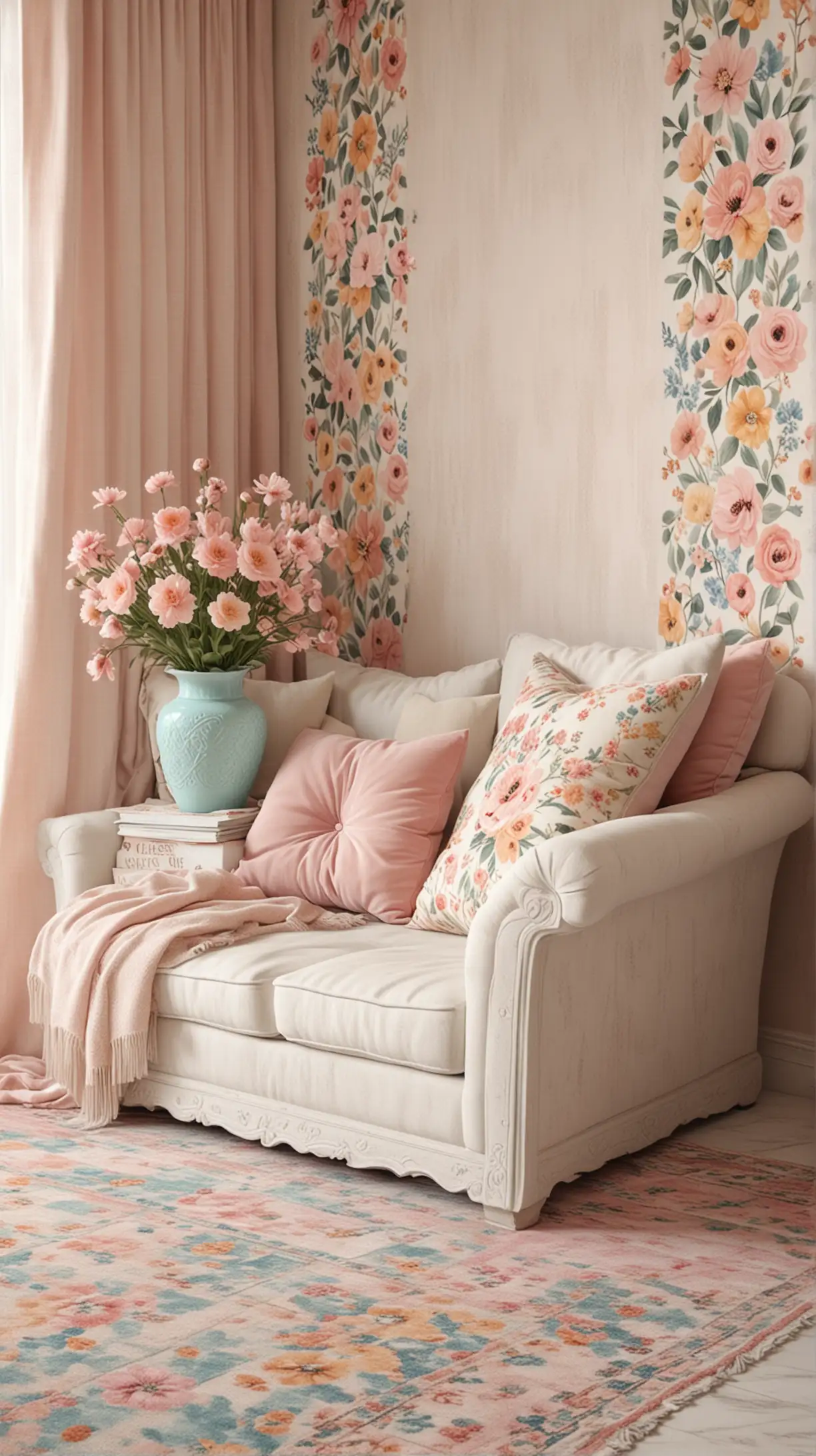 Cozy Shabby Chic Living Room with Floral Accents and Soft Pastel Vibes