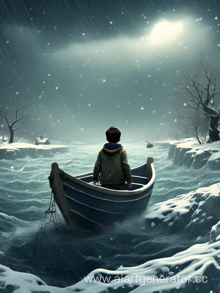 Мальчик плывёт в лодке по реке к морю, падает снег вдалеке виден левиафан