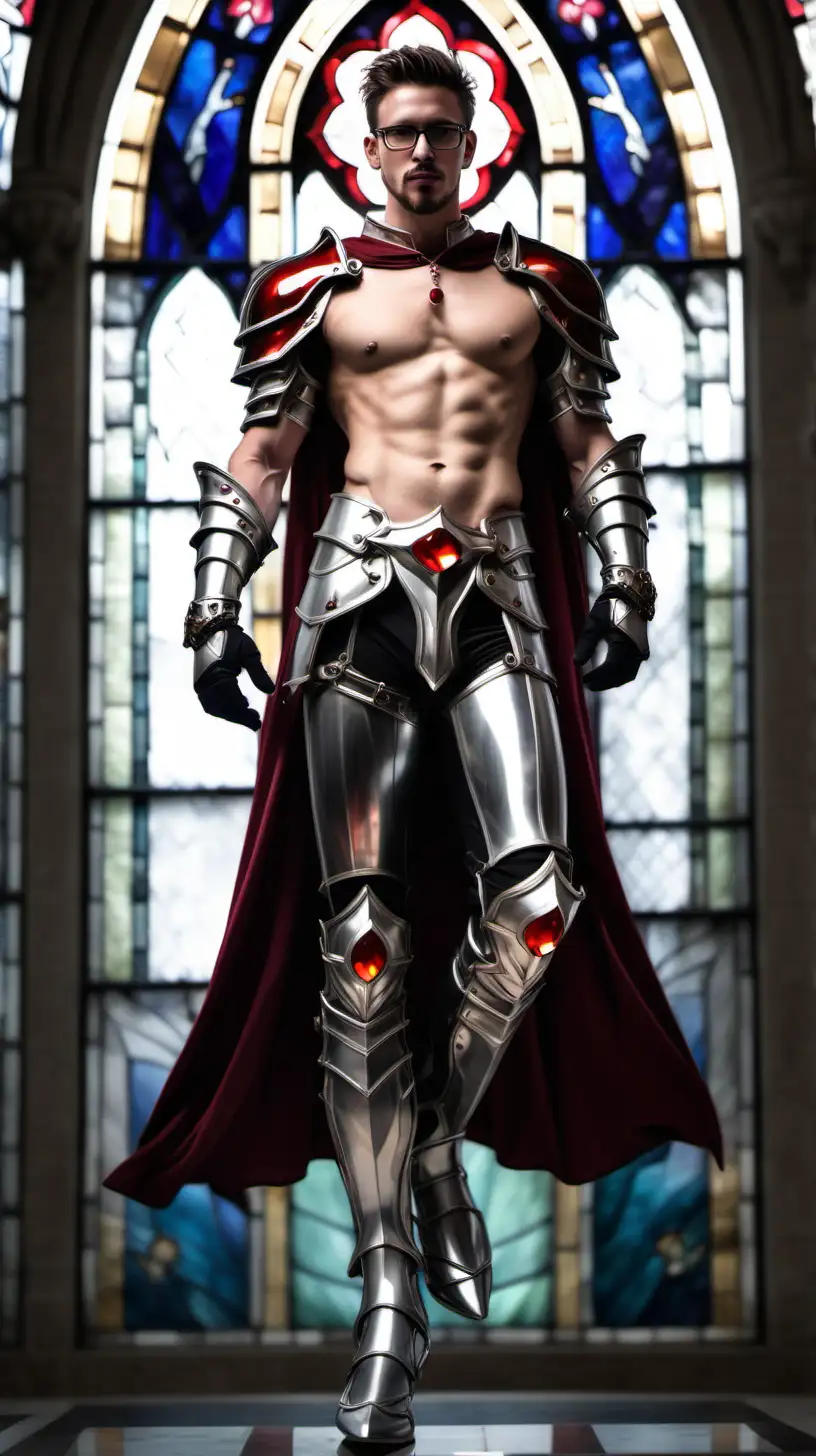 Handsome male knight shirtless short hair stubbles goatee glasses hairy show chest show abs show legs full body shot ruby necklace silver gauntlets leg armor floating mid air lotus Church stained glass aura 