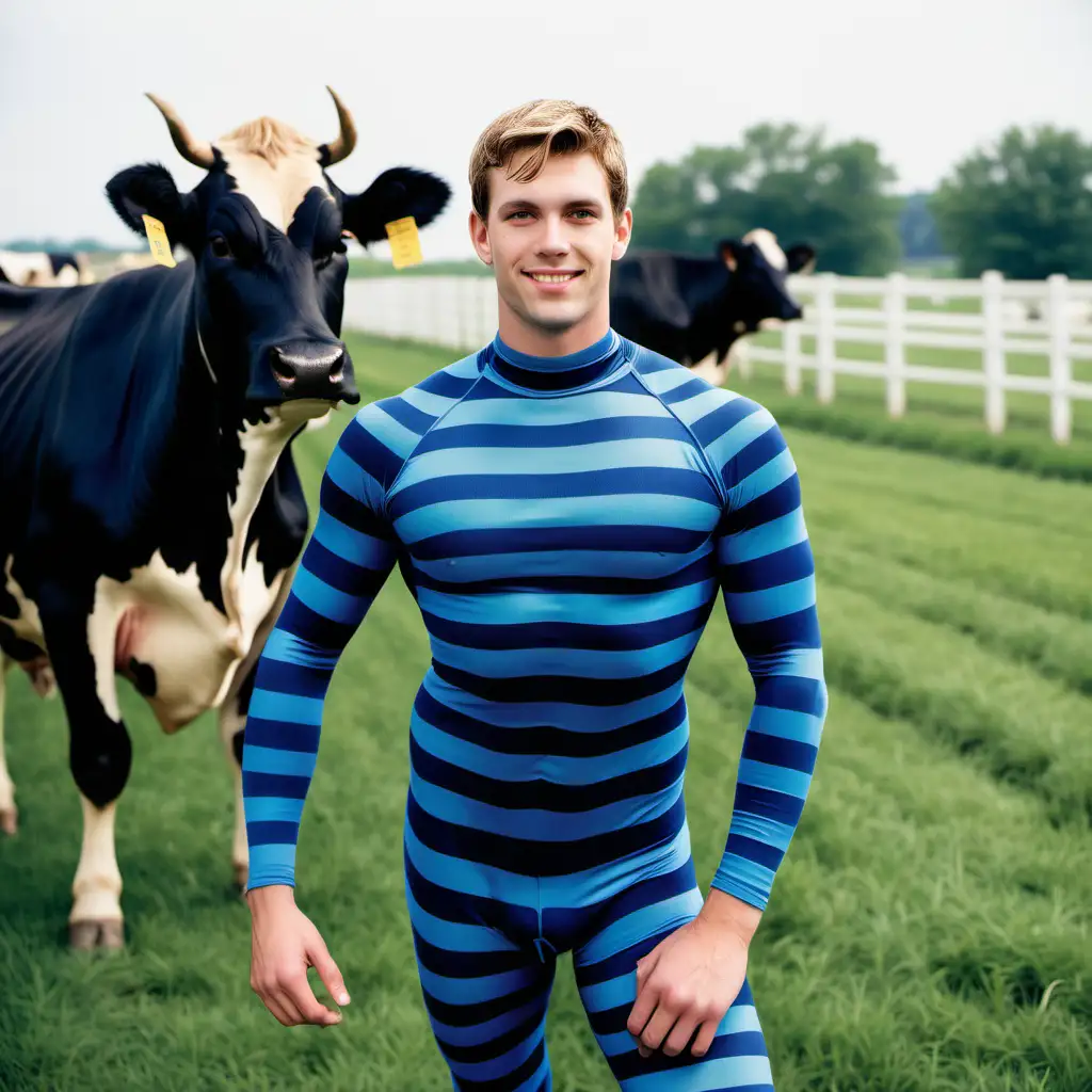 fit young man, navy blue pacific blue skintight horizontal striped costume, cows, dairy farm Wisconsin, day