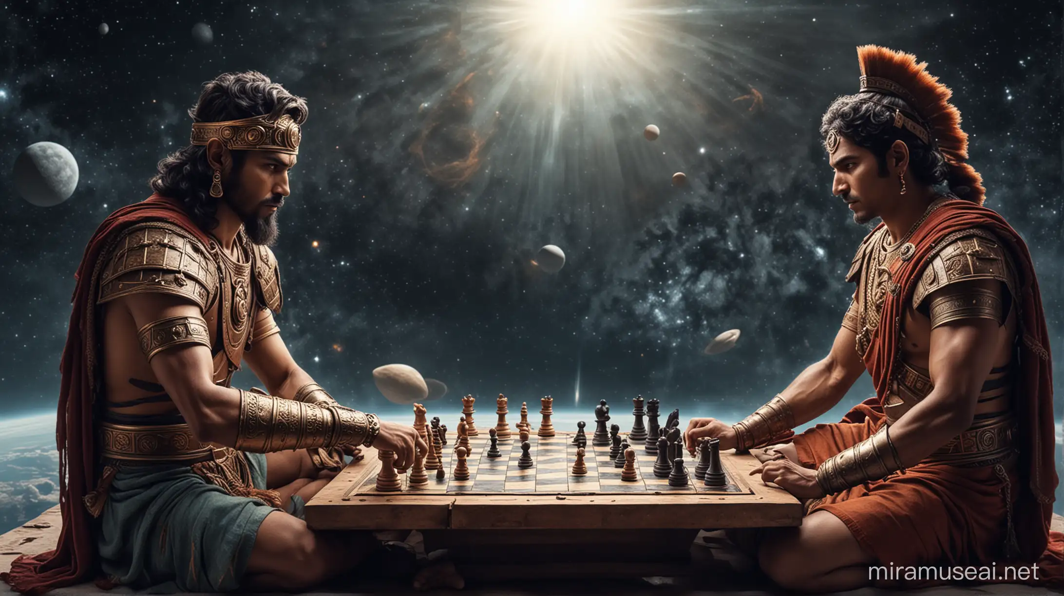 ancient roman worrier and ancient Indian worrier playing chess together in space ship 