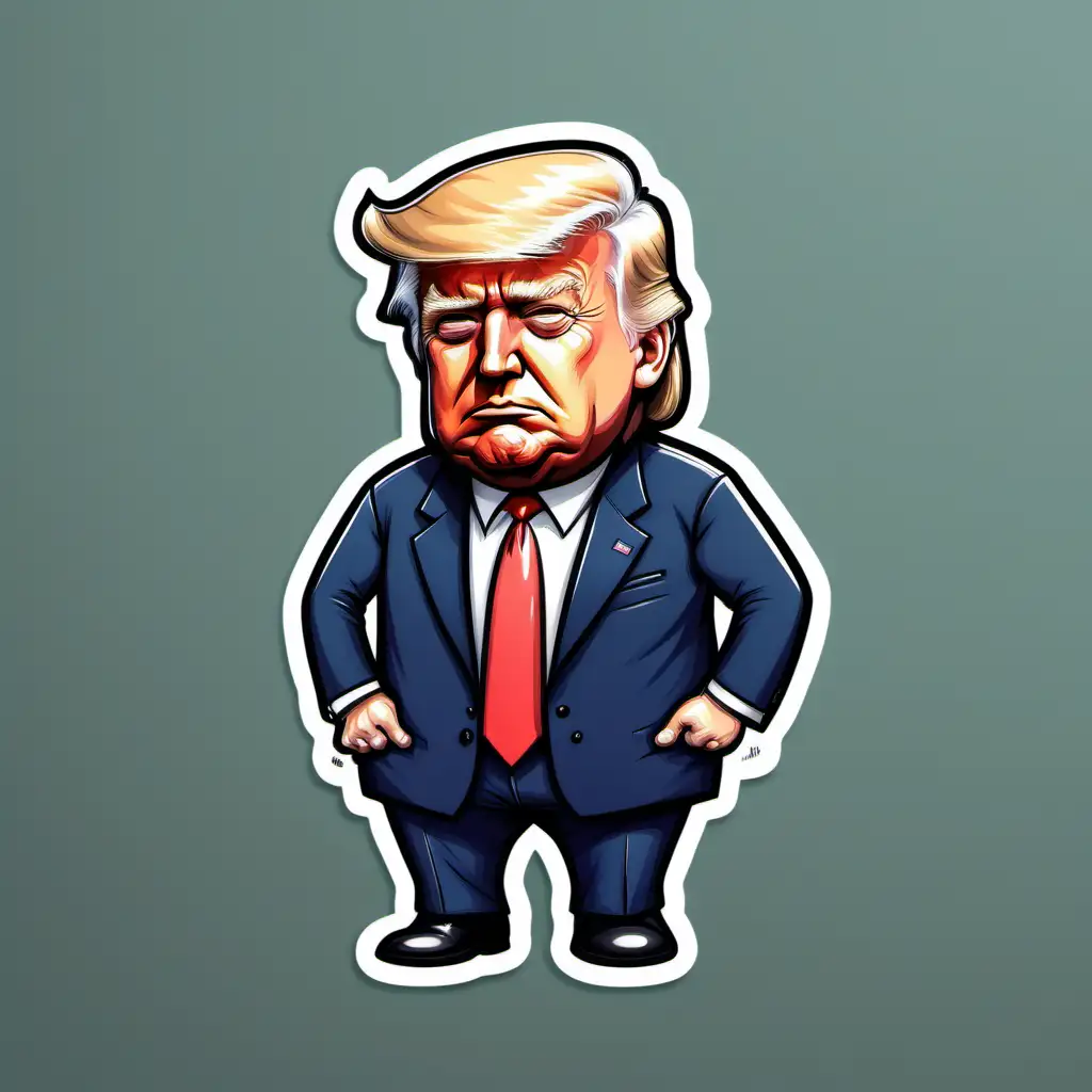 Generate a cartoon-style sticker depicting Donald Trump in a full-body view. He should appear sad and be kneeling, as if in a moment of reflection or solemnity. The perspective should be from the front. joe biden face look sad