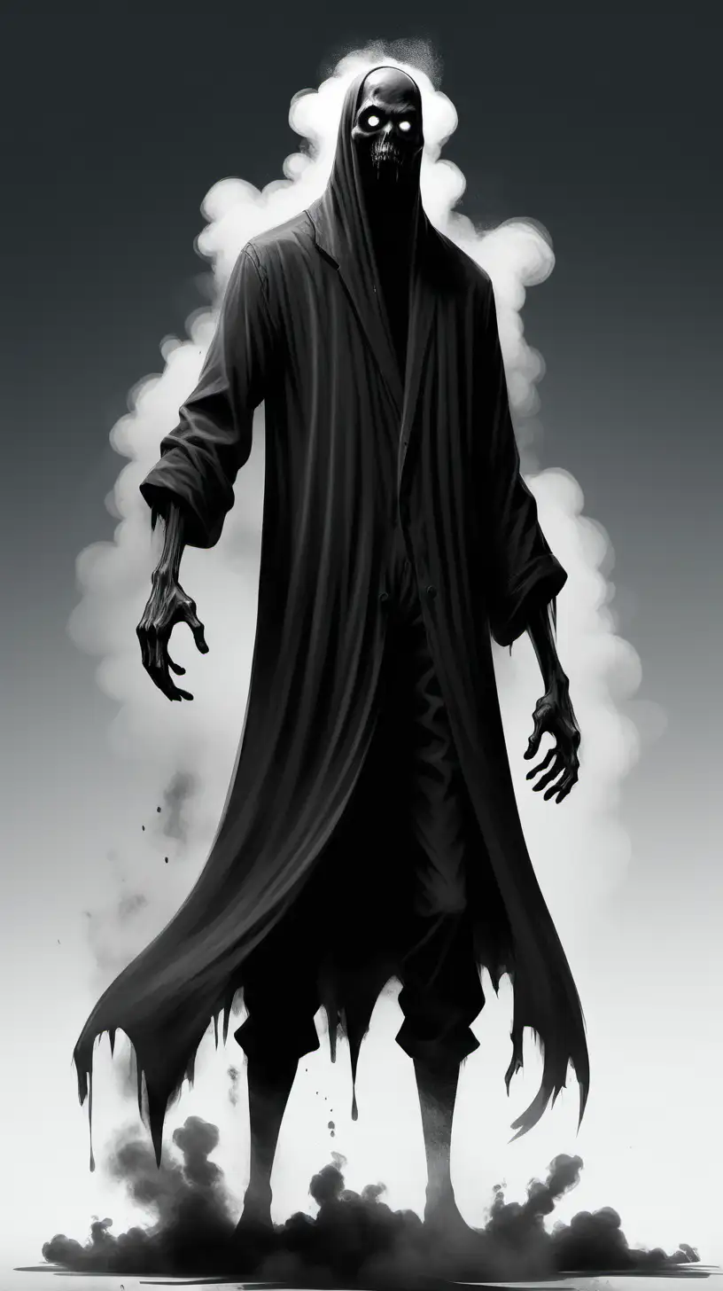 Character concept for death match game.
10 foot tall, floating black phantom, mostly invisible, made of black clouds in the rough shape of a man flashing/poofing in and disappearing, blank head, blank face, lurking and stalking its opponents through game levels.
