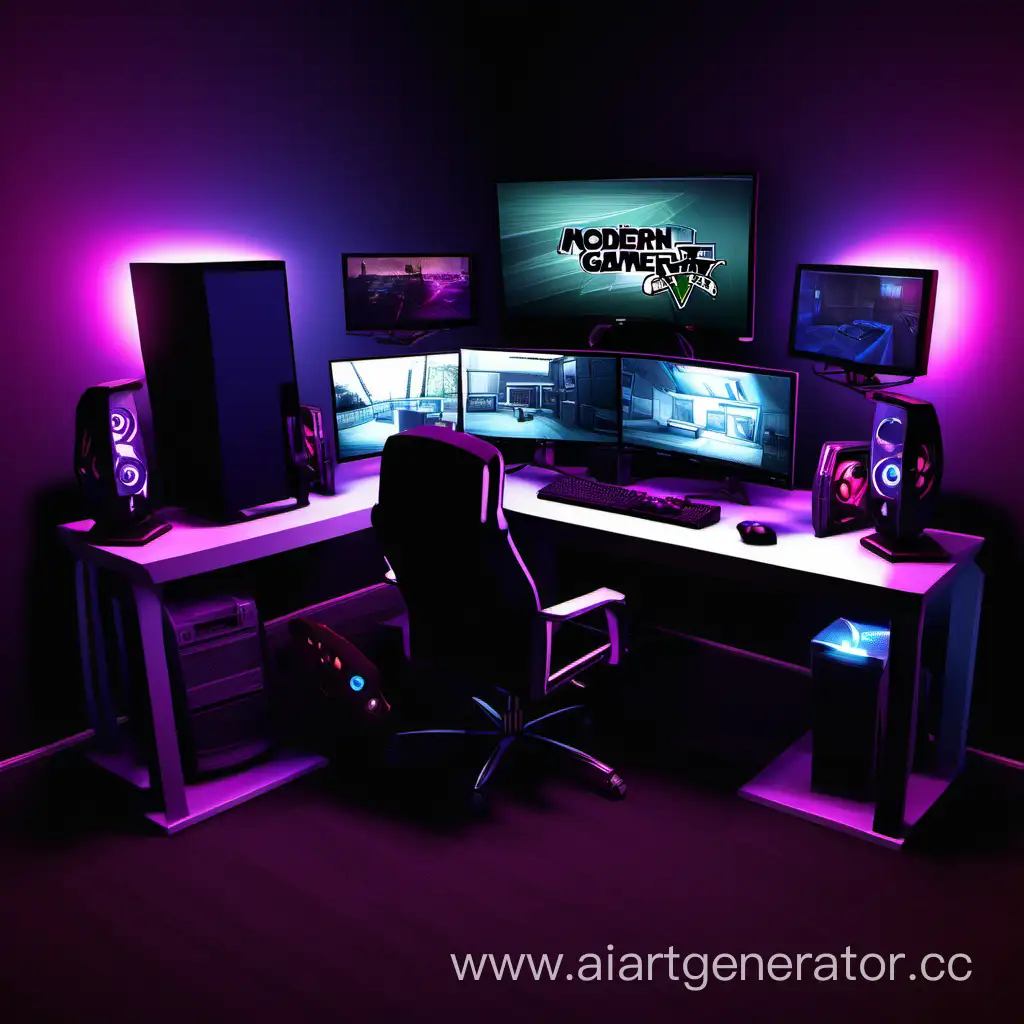 Contemporary-Gamer-Setup-Illuminated-Desk-with-GTA-V-Gameplay