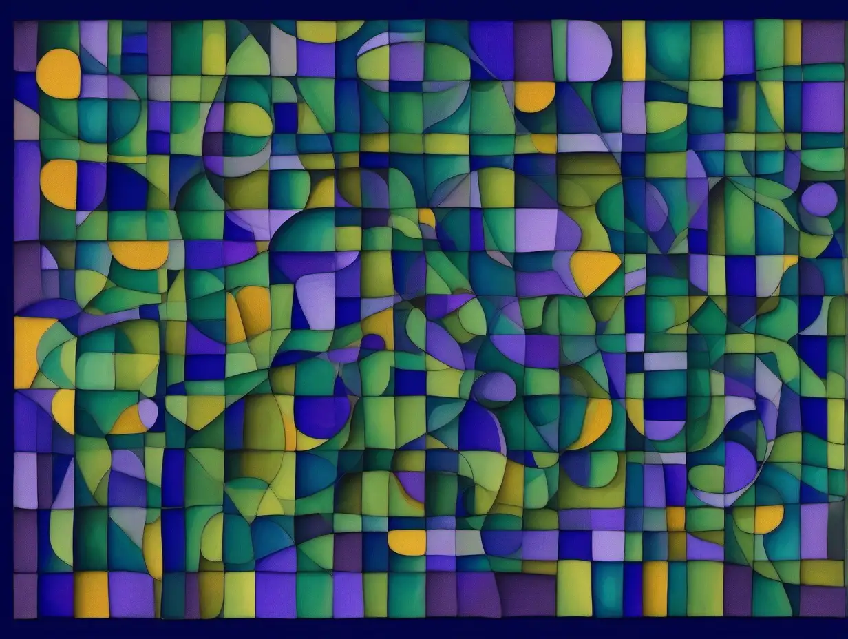 in the style of paul klee using deep blue green and purple and a little amber create an abstract of very loose different shapes